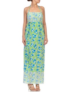 Robe dos nu LILLY PULITZER des années 1970 en poly/coton vert et bleu