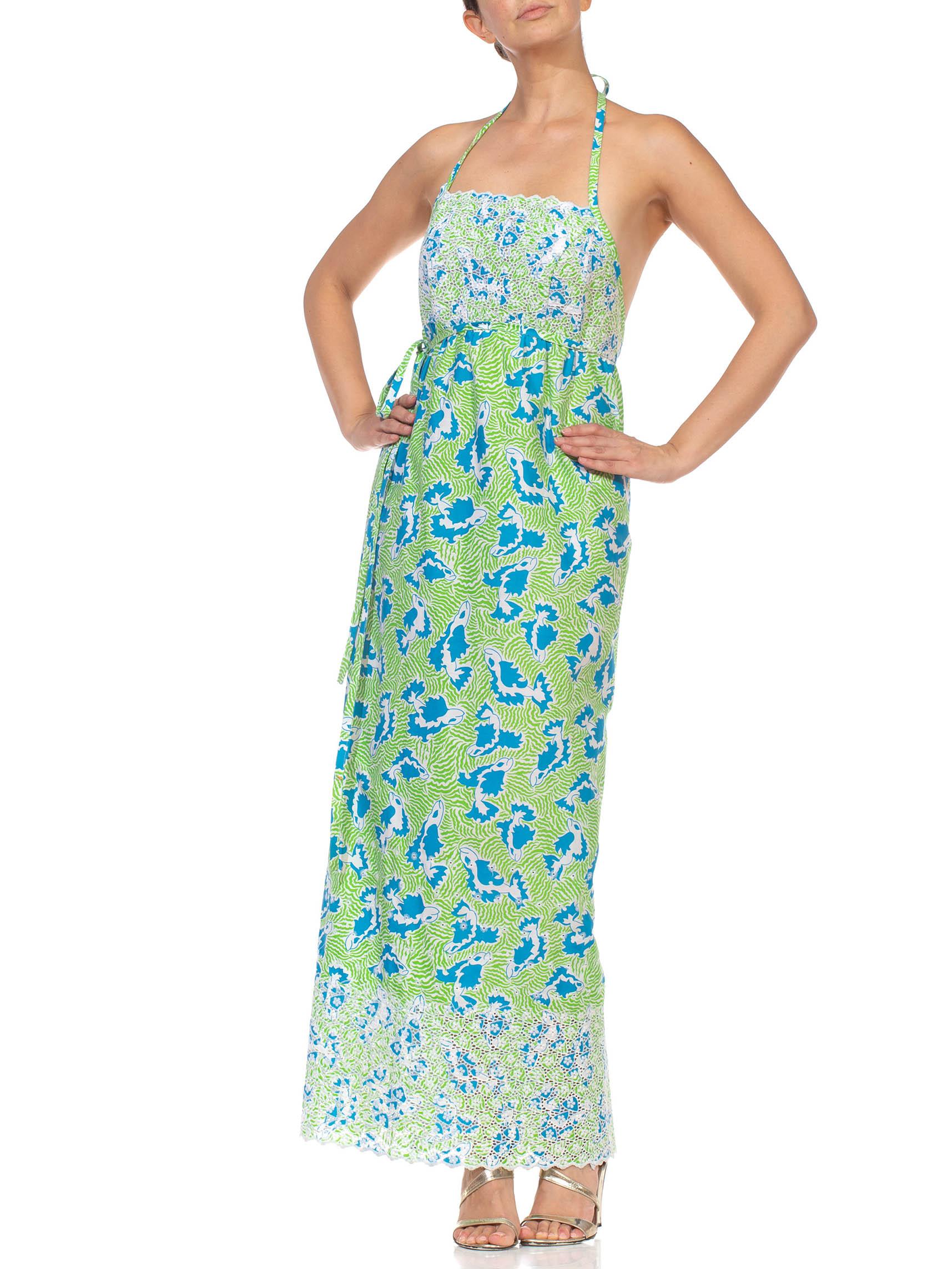 Gray 1970S LILLY PULITZER Green Blue Poly/Cotton Wrap Halter Back Dress For Sale