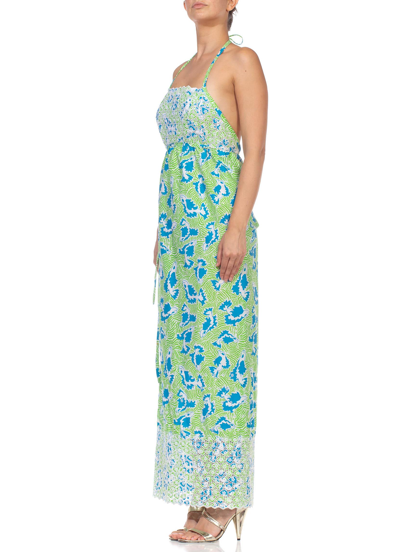 1970S LILLY PULITZER Green Blue Poly/Cotton Wrap Halter Back Dress In Excellent Condition For Sale In New York, NY