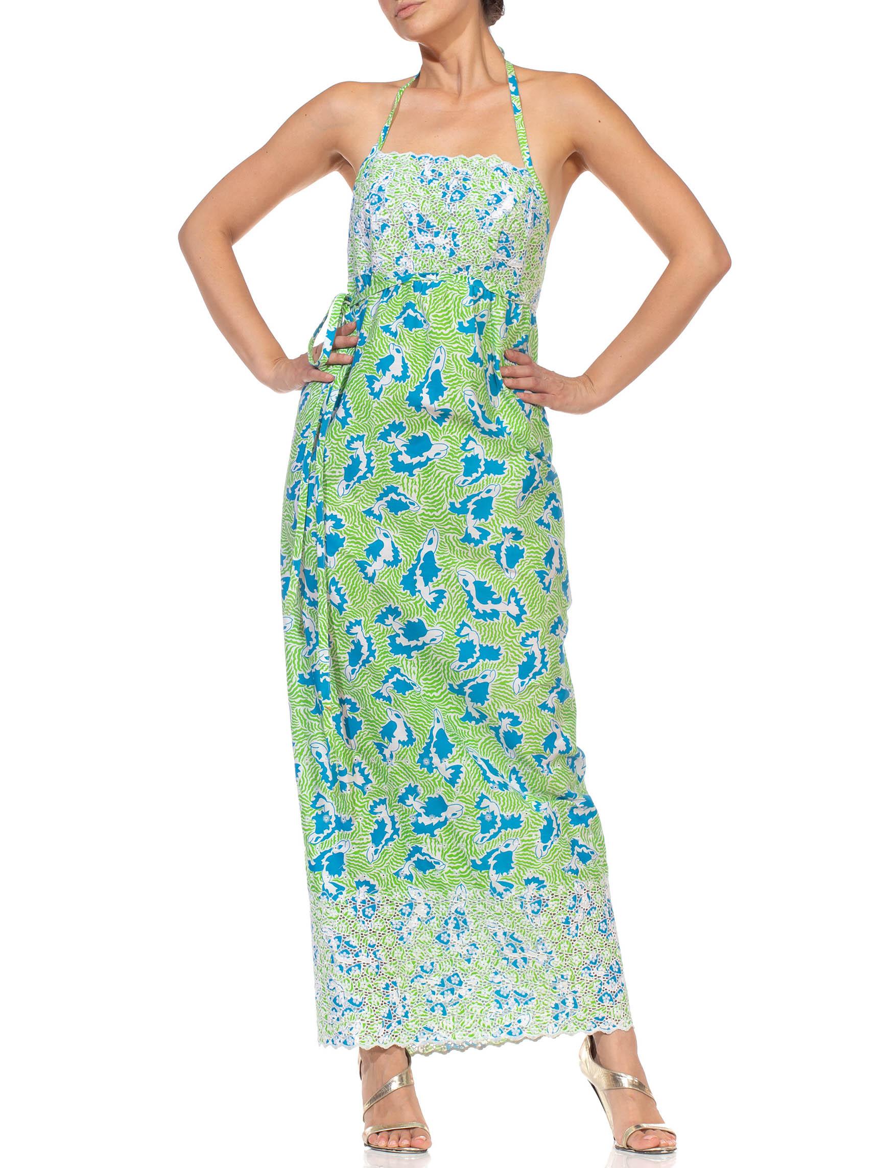Women's 1970S LILLY PULITZER Green Blue Poly/Cotton Wrap Halter Back Dress For Sale