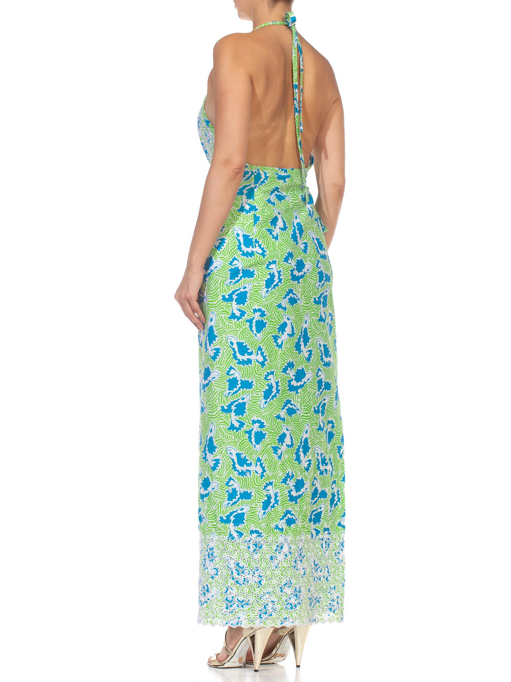 1970S LILLY PULITZER Green Blue Poly/Cotton Wrap Halter Back Dress For Sale 2