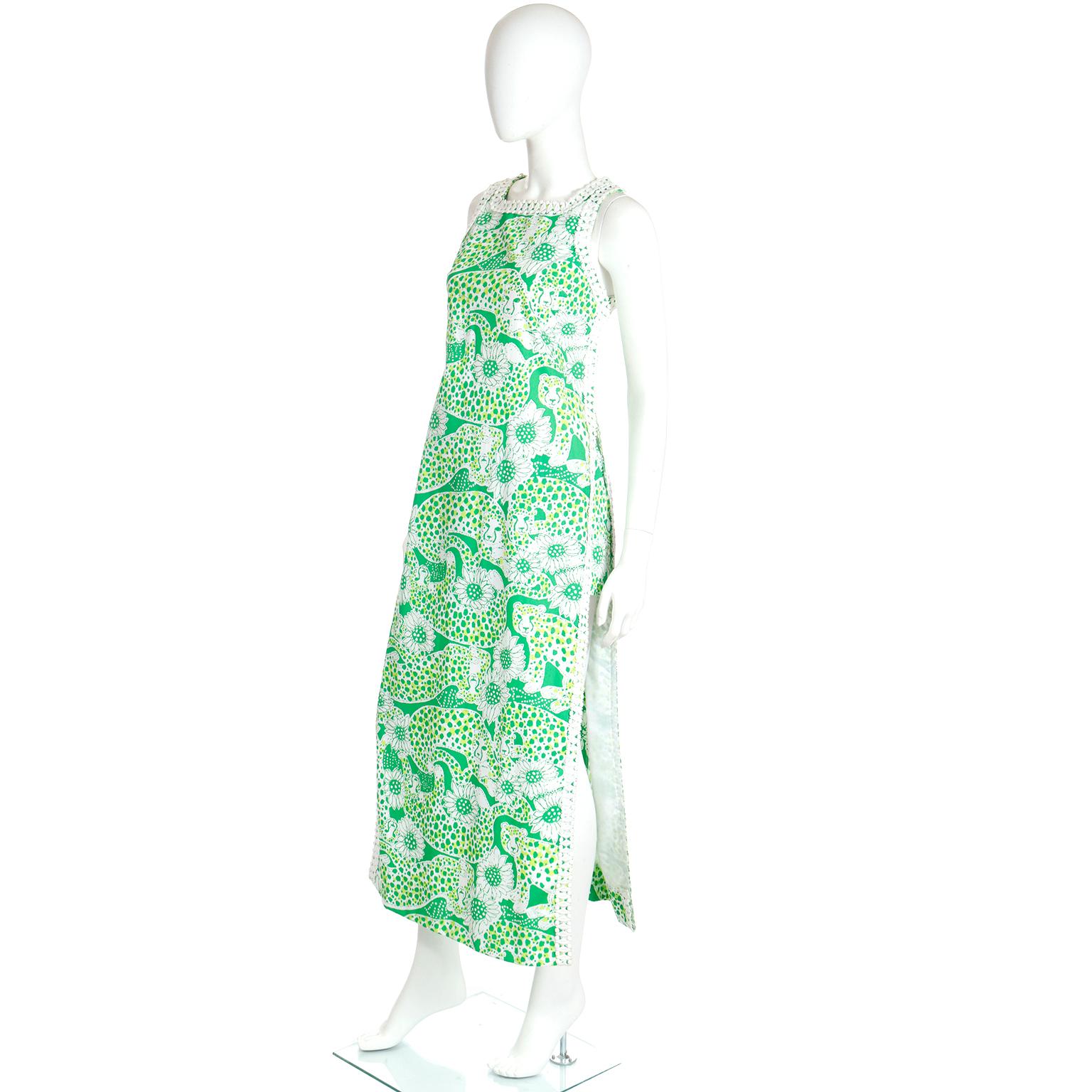 1970s Lilly Pulitzer Green Floral Leopard Print Long Tunic W Open Sides & Shorts In Excellent Condition In Portland, OR