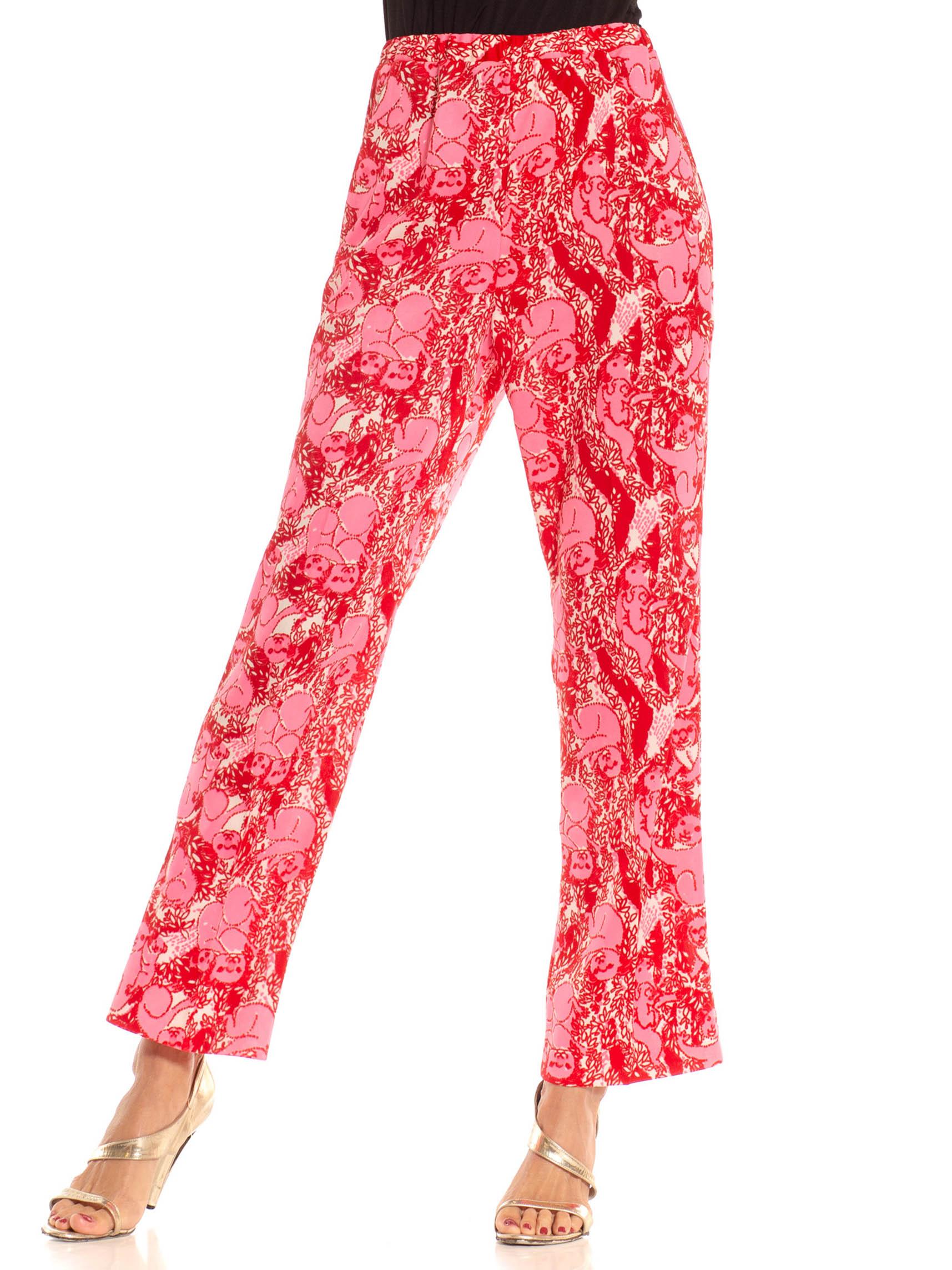 Women's 1970S Lilly Pulitzer Pink & Red Polyester Stretch Koala Print Pants