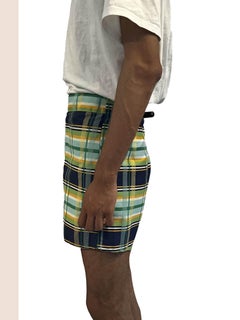 1970S Lime Green & Navy Cotton Blend Plaid Short Shorts Built In Underwear