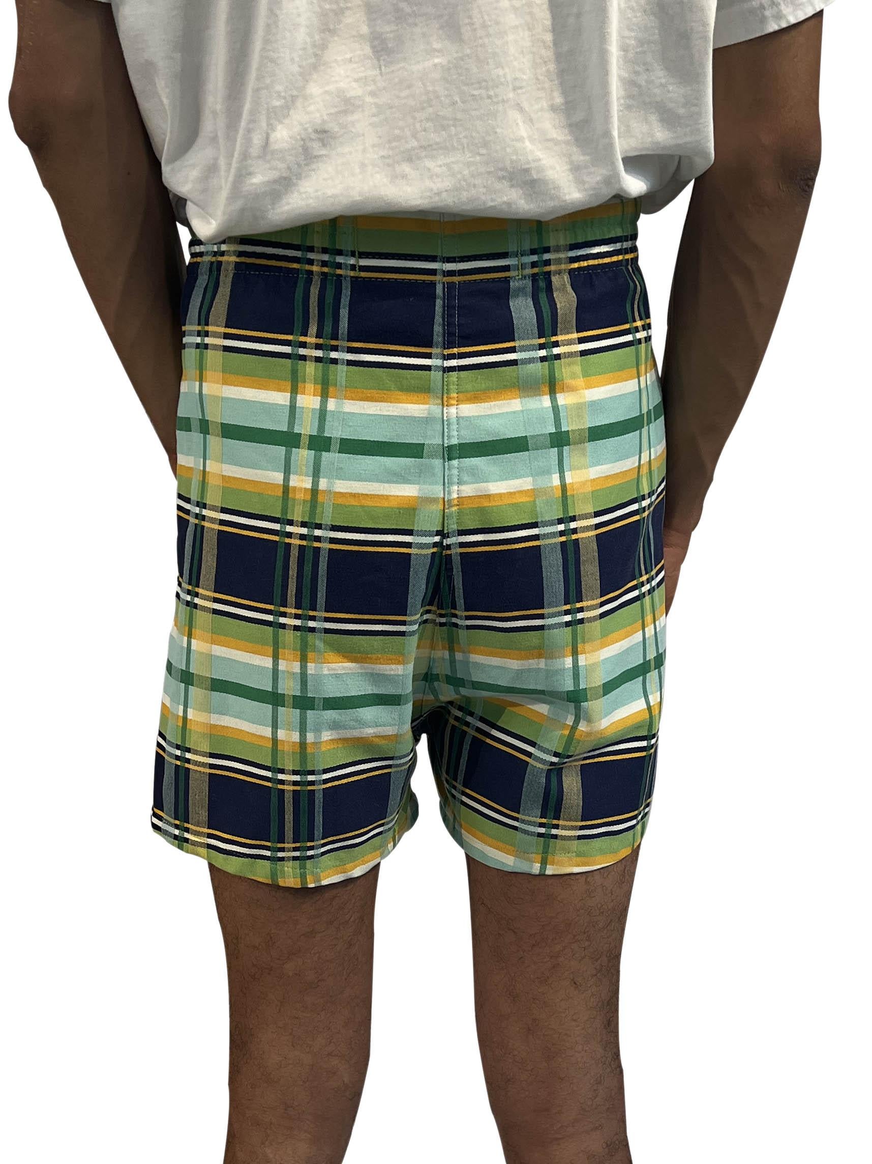 1970S Lime Green & Navy Cotton Blend Plaid Short Shorts Built In Underwear In Excellent Condition For Sale In New York, NY