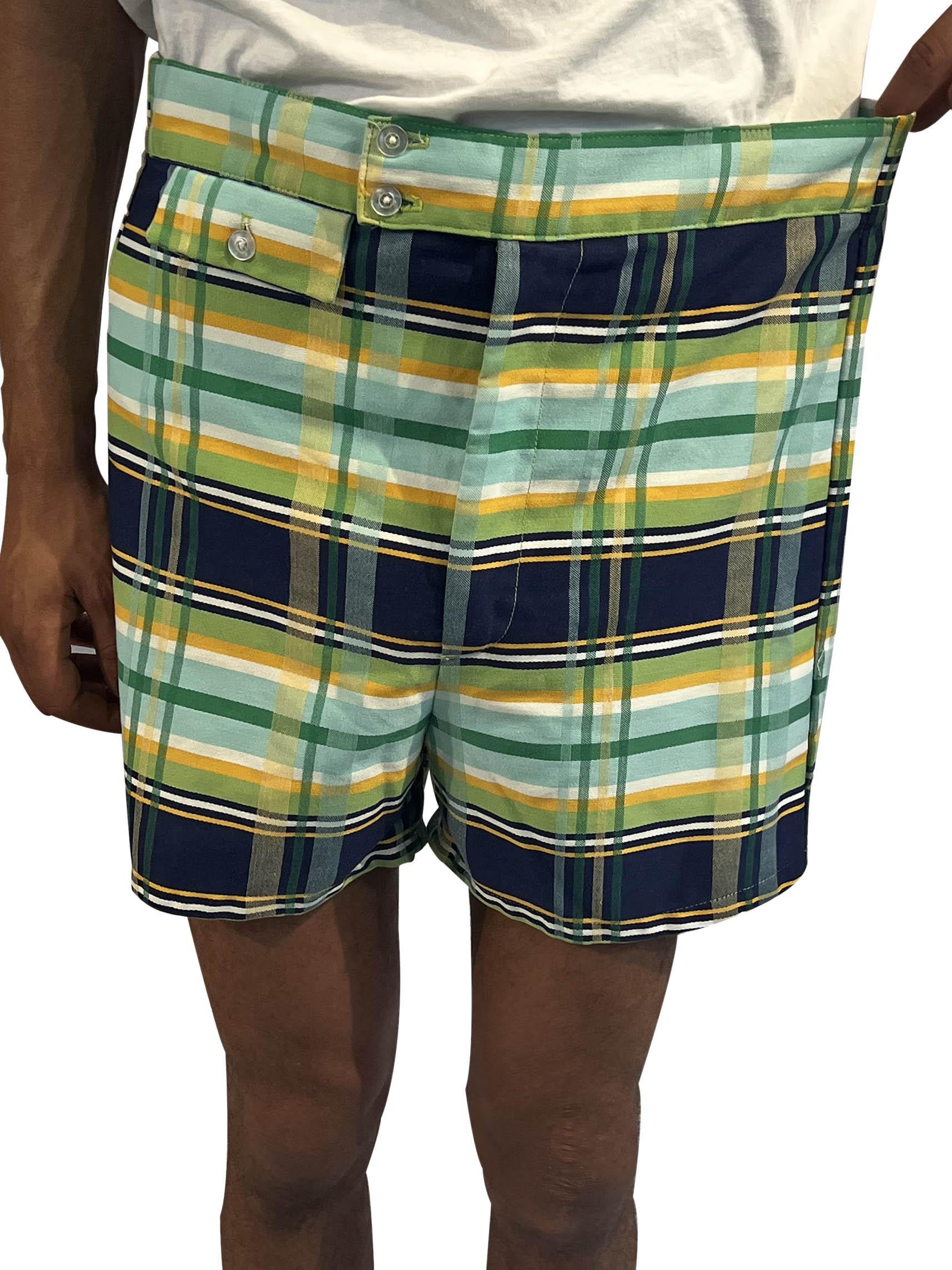 Men's 1970S Lime Green & Navy Cotton Blend Plaid Short Shorts Built In Underwear For Sale
