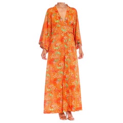 1970S Lime Green & Orange Polyester Jersey Zip-Up Kaftan House Dress