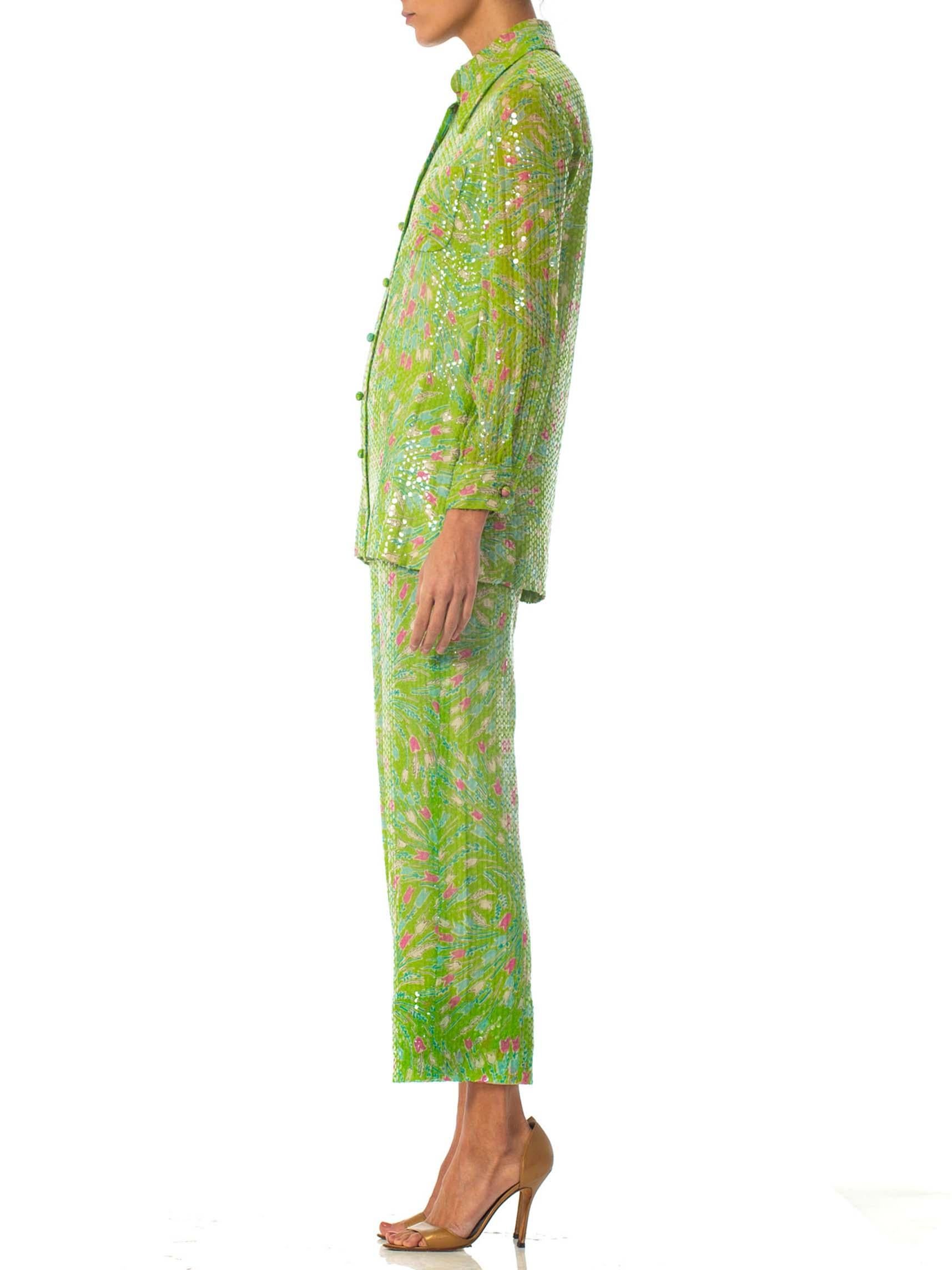 1970S Lime Green Sequined
Floral Shirt & Pant Ensemble