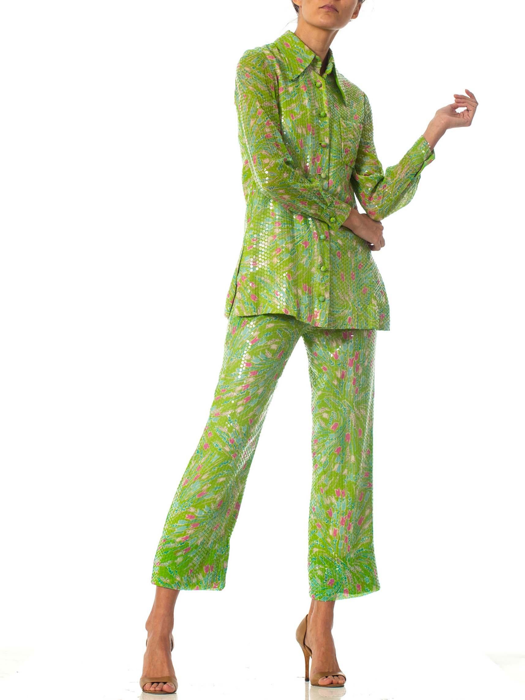 1970S Lime Green SequinedFloral Shirt & Pant Ensemble In Excellent Condition In New York, NY