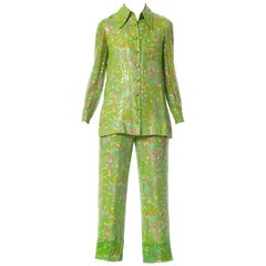 Vintage 1970S Lime Green SequinedFloral Shirt & Pant Ensemble