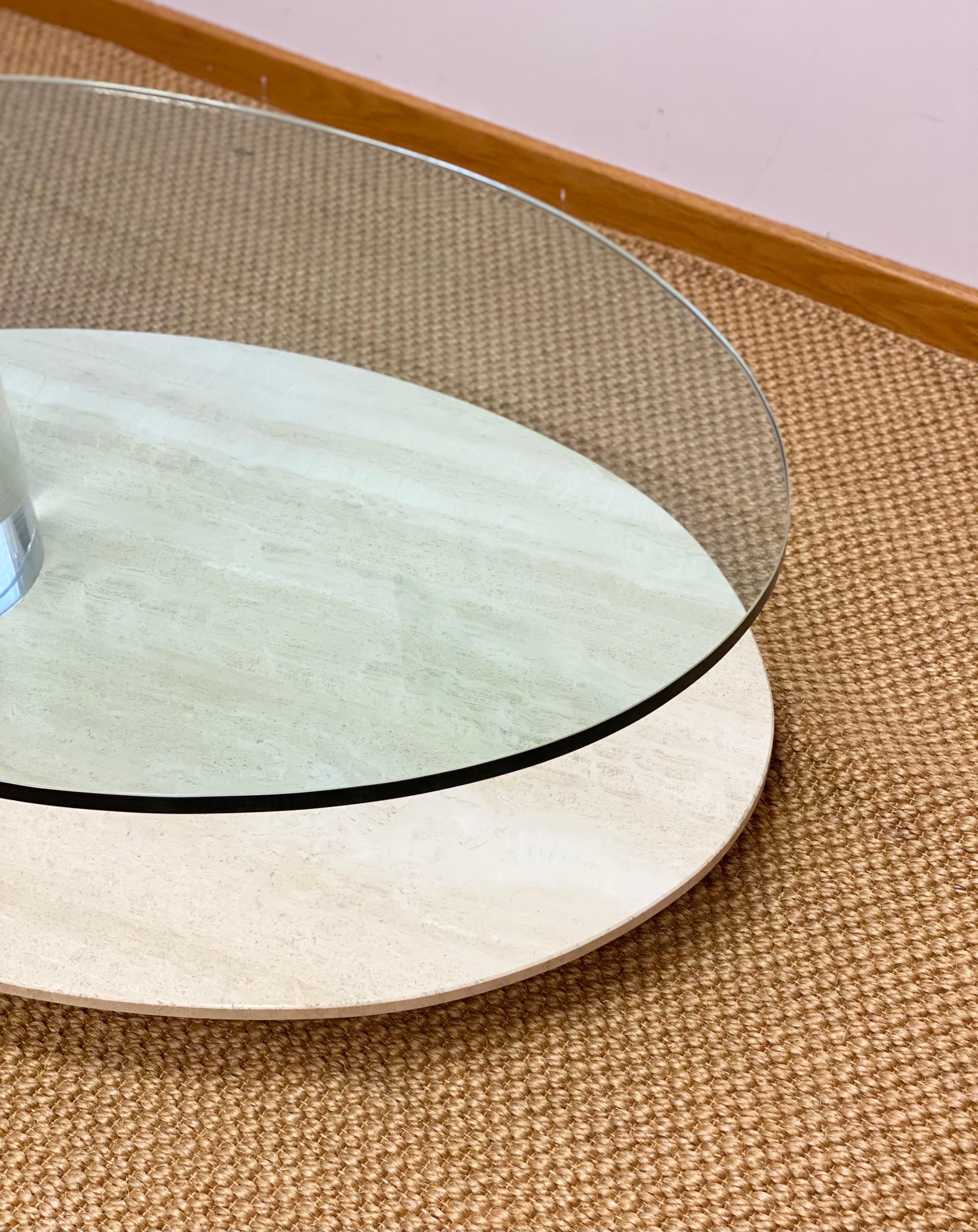 1970s Lion in Frost Glass Travertine & Lucite Cantilevered Coffee Table In Good Condition In Farmington Hills, MI