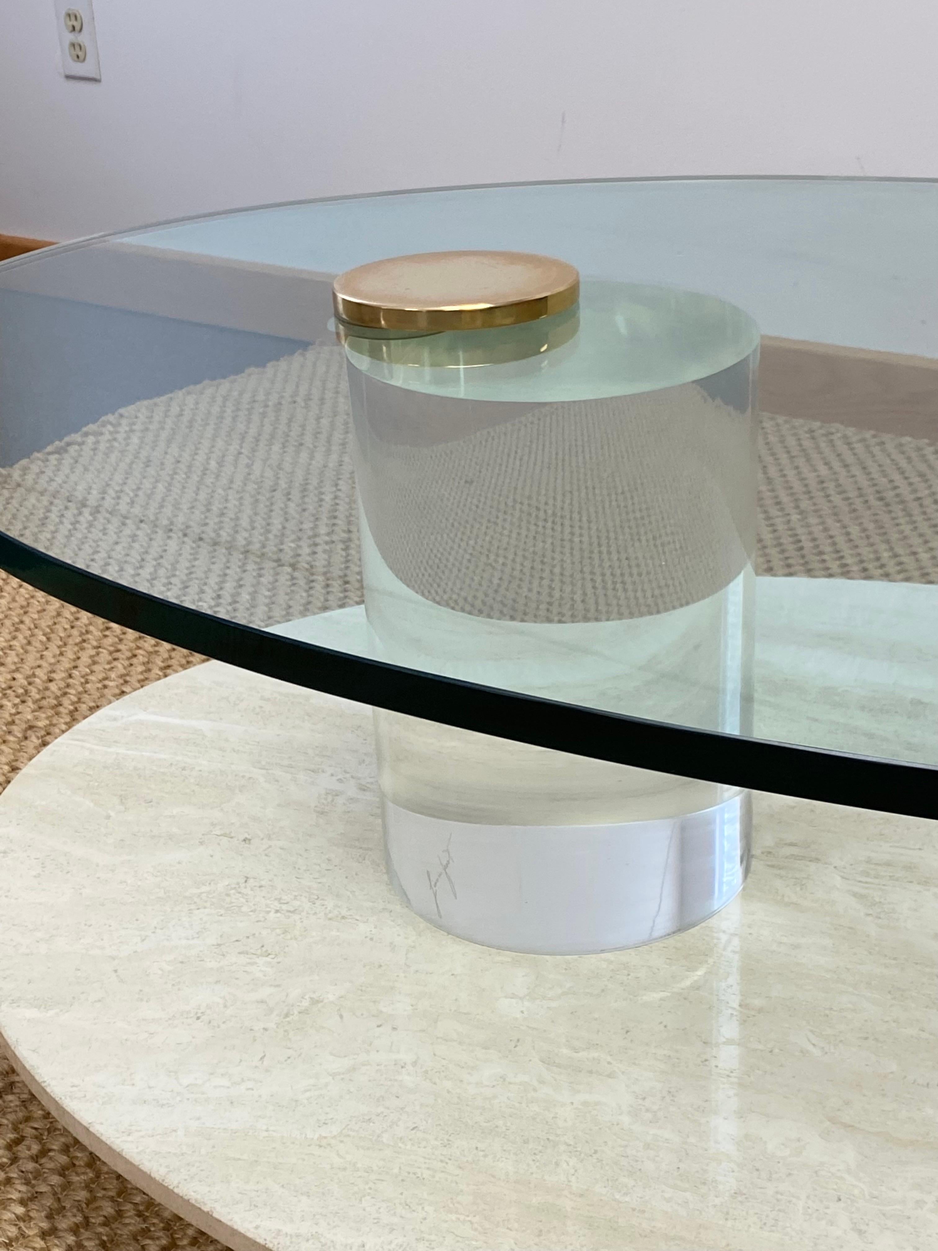 Brass 1970s Lion in Frost Glass Travertine & Lucite Cantilevered Coffee Table  For Sale
