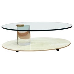 1970s Lion in Frost Glass Travertine & Lucite Cantilevered Coffee Table