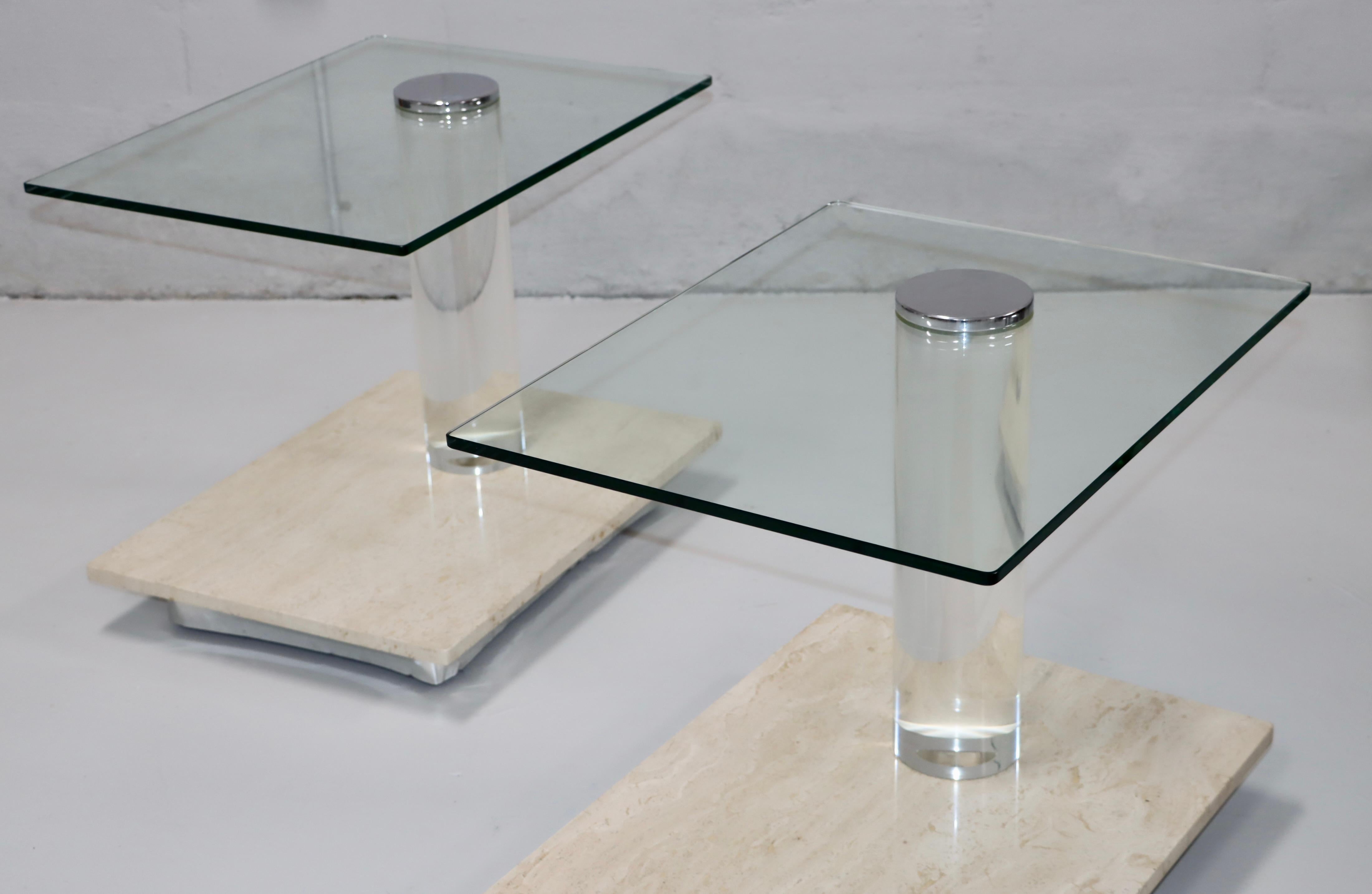 Lion In Frost Lucite And Travertine Swivel Top Side Tables 1970's Modern For Sale 3