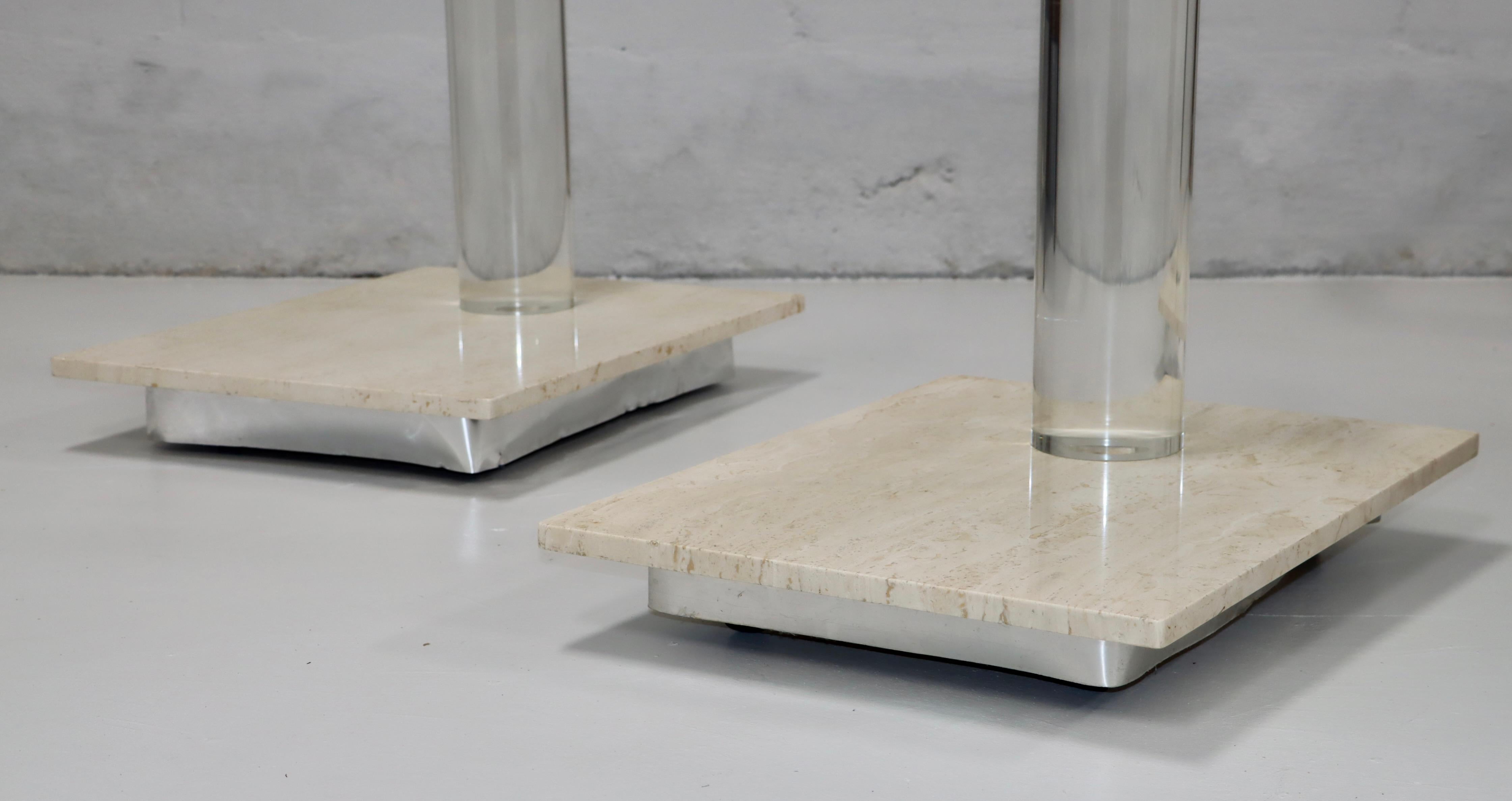 Lion In Frost Lucite And Travertine Swivel Top Side Tables 1970's Modern For Sale 4
