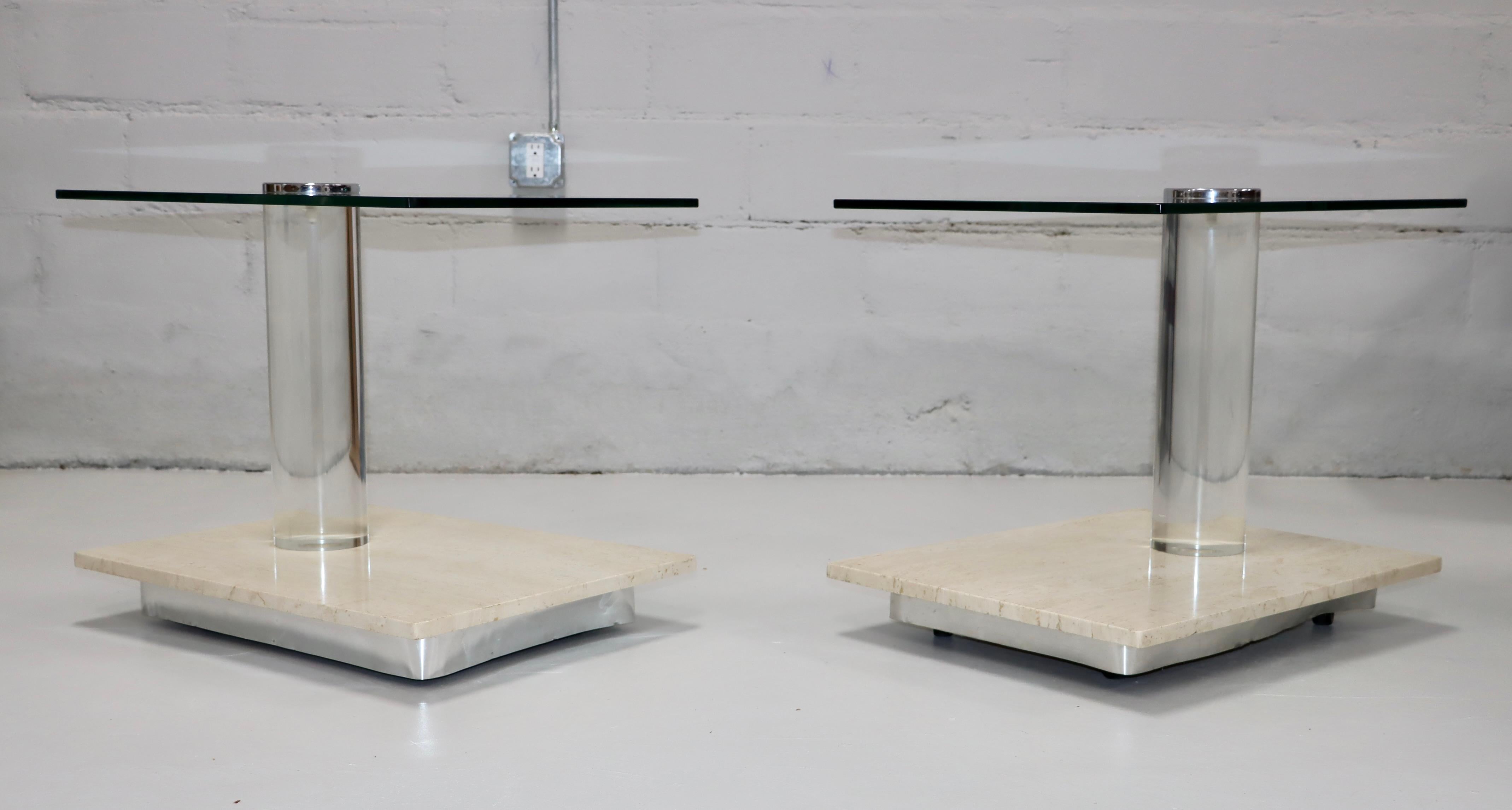 Mid-Century Modern Lion In Frost Lucite And Travertine Swivel Top Side Tables 1970's Modern For Sale