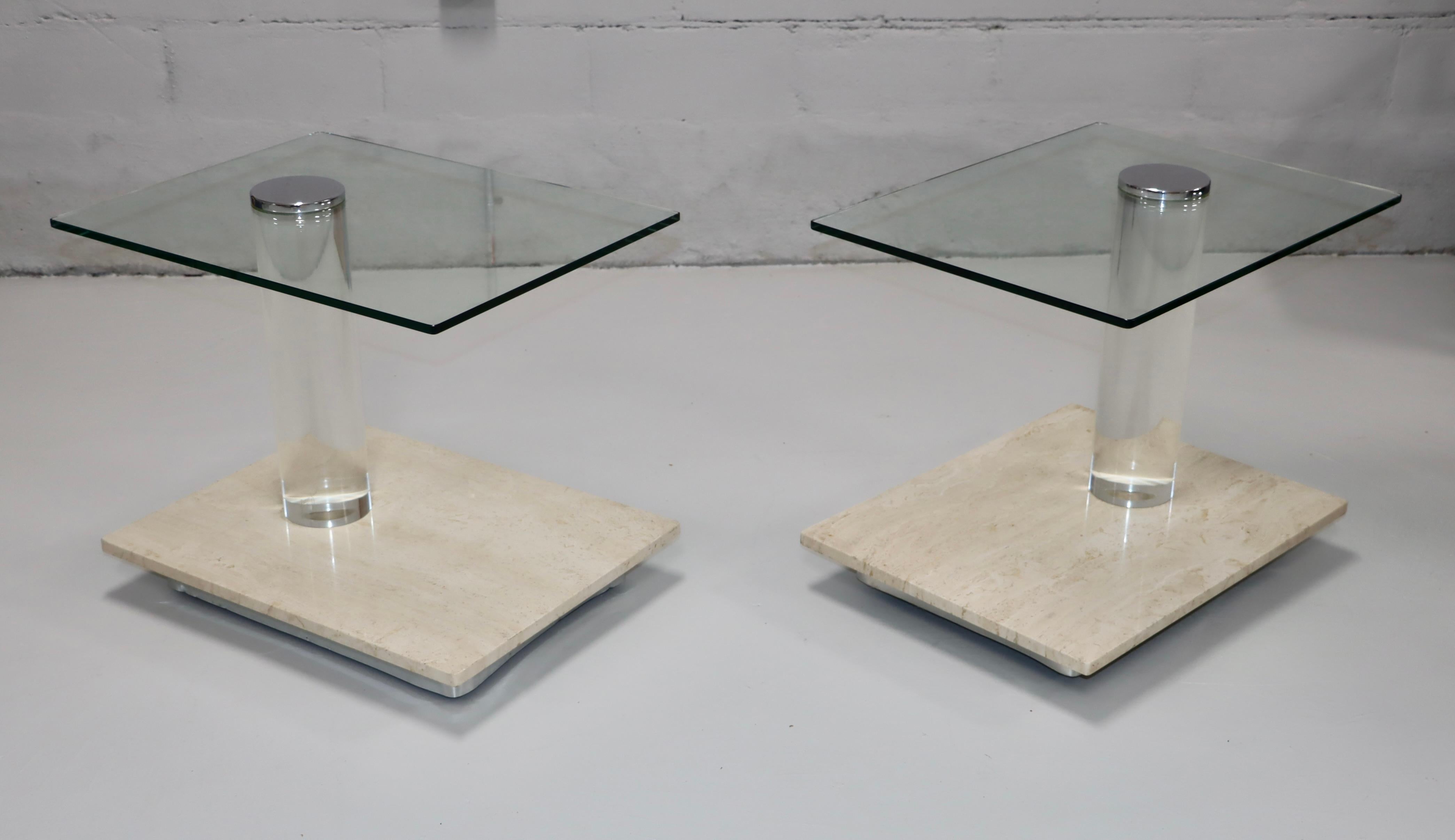 American Lion In Frost Lucite And Travertine Swivel Top Side Tables 1970's Modern For Sale