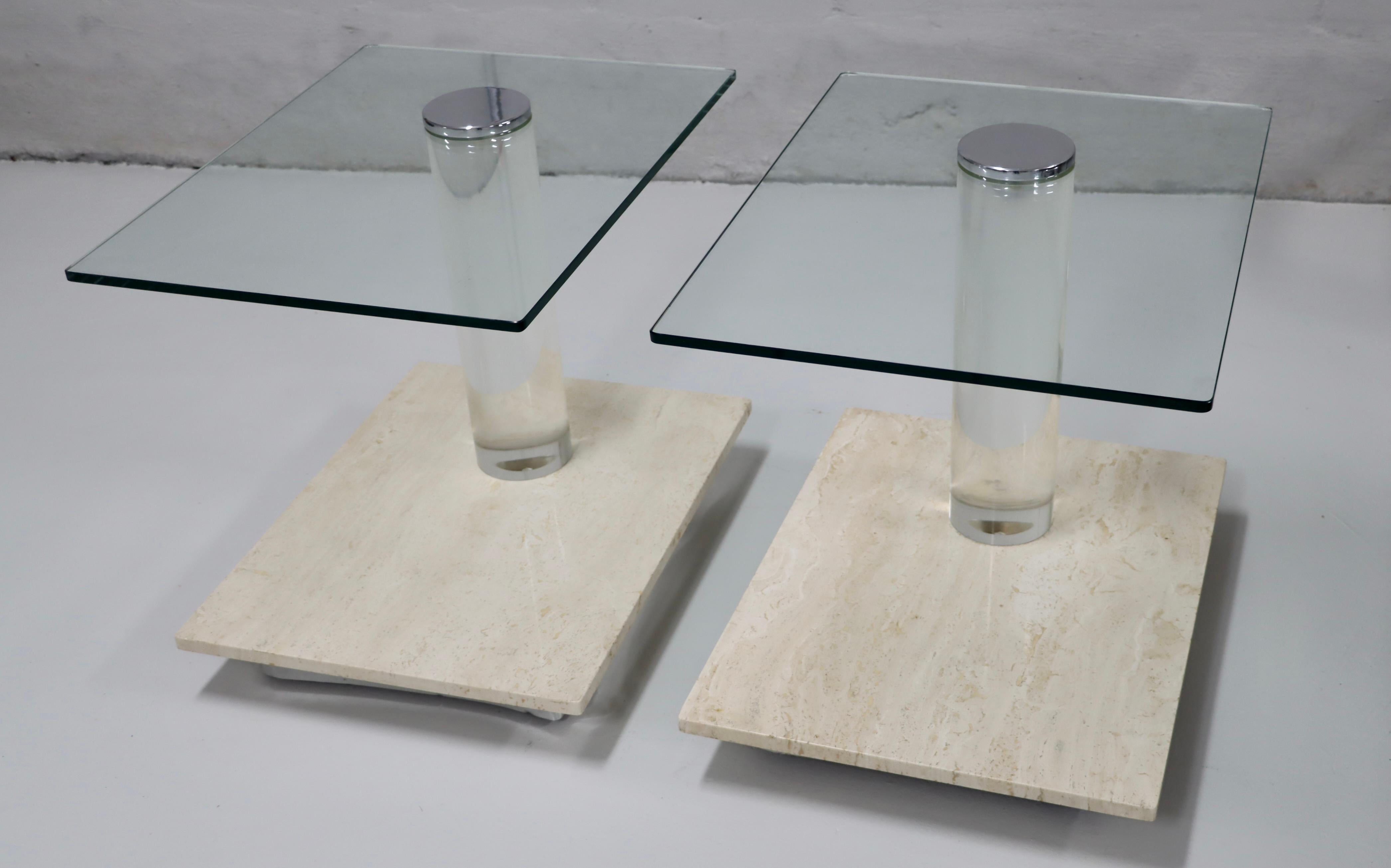 Glass Lion In Frost Lucite And Travertine Swivel Top Side Tables 1970's Modern For Sale