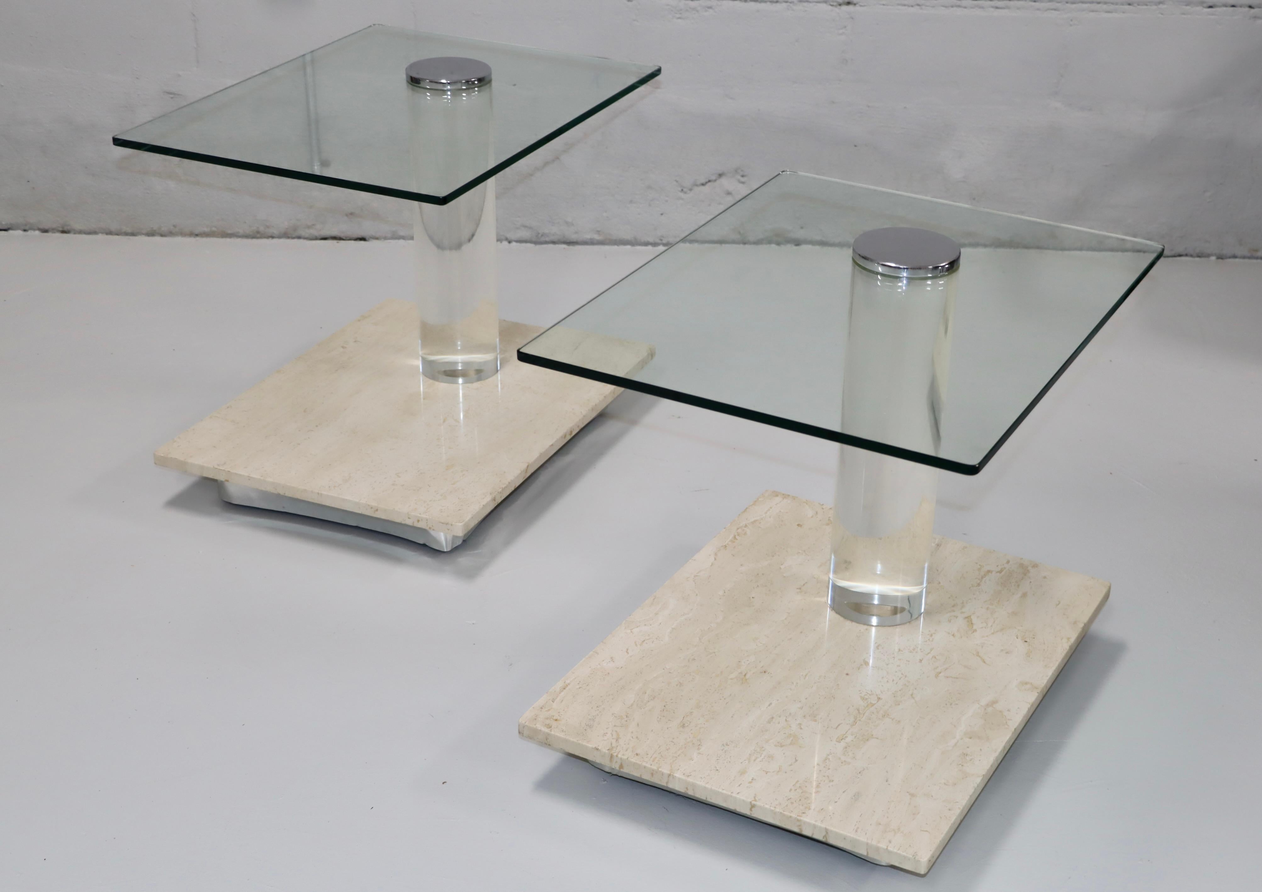 Lion In Frost Lucite And Travertine Swivel Top Side Tables 1970's Modern For Sale 1