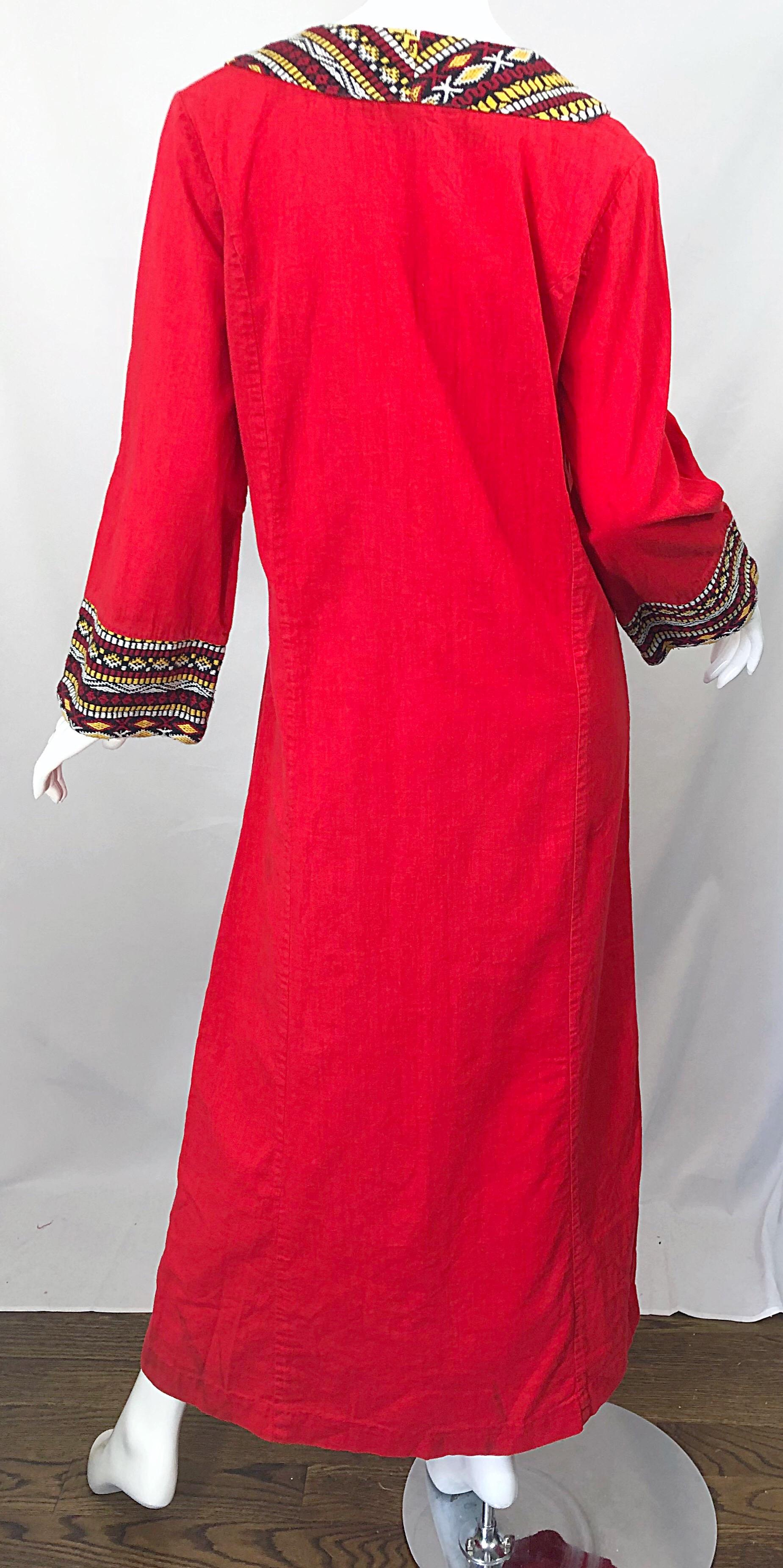 1970s Lipstick Red Embroidered Linen + Cotton Vintage 70s Caftan Maxi Dress For Sale 6