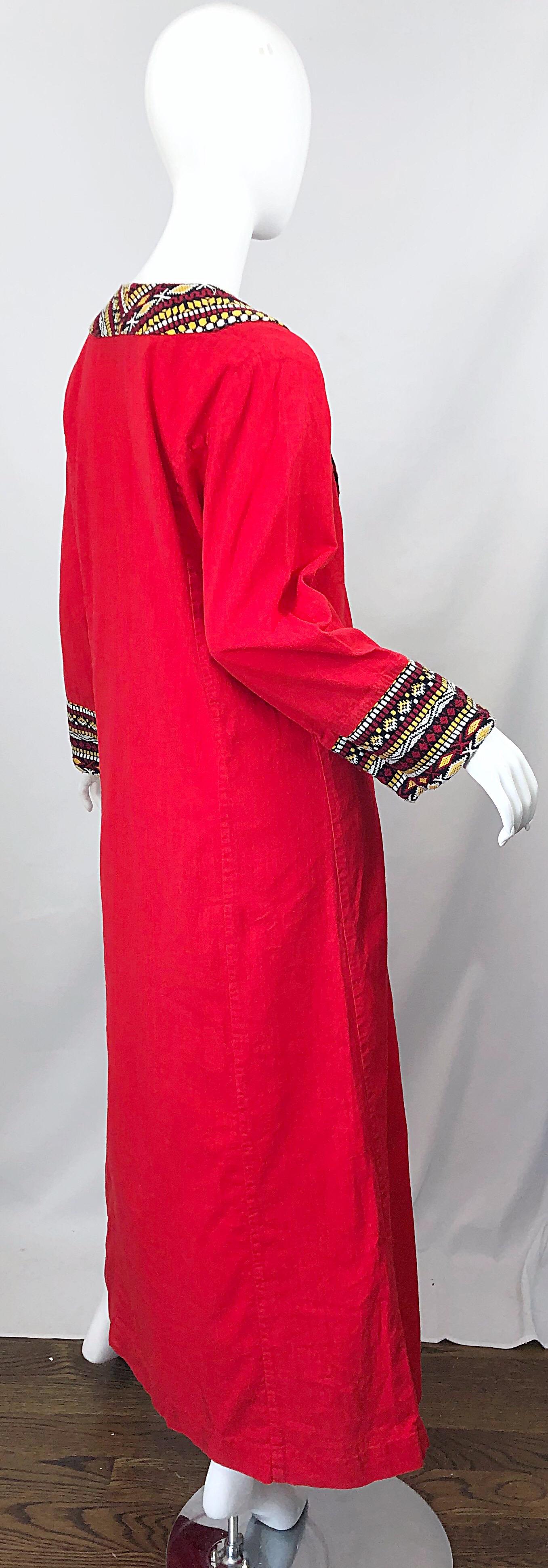 Women's 1970s Lipstick Red Embroidered Linen + Cotton Vintage 70s Caftan Maxi Dress For Sale