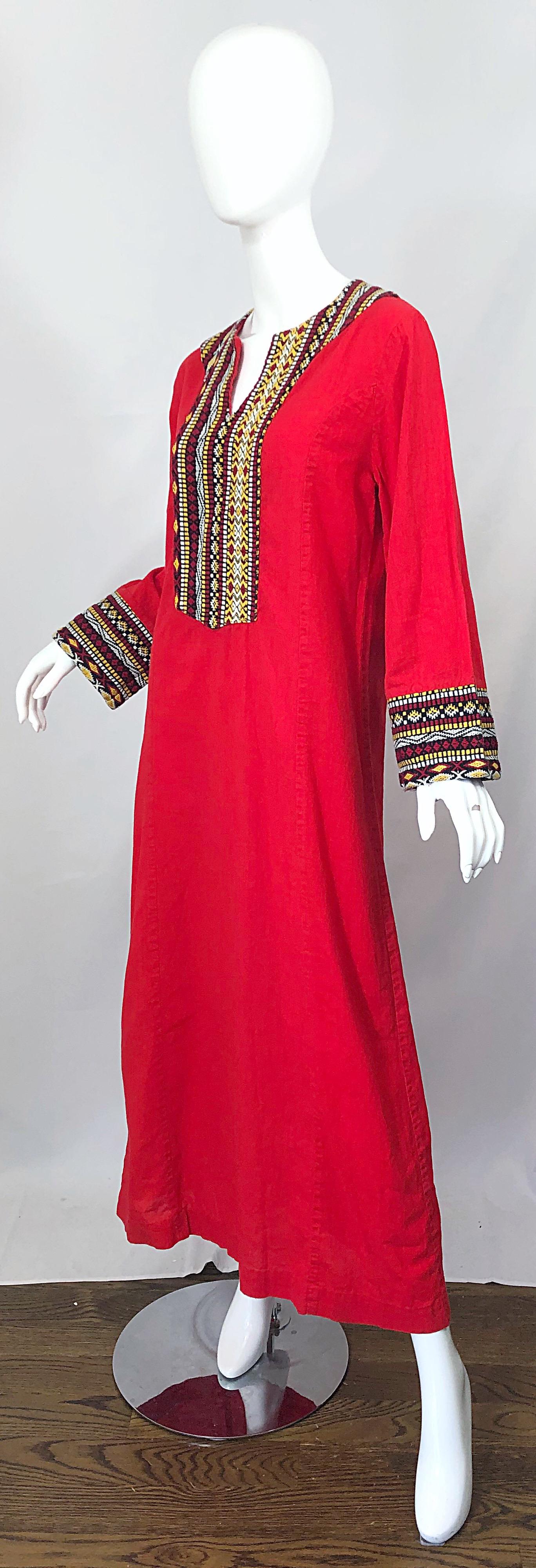 1970s Lipstick Red Embroidered Linen + Cotton Vintage 70s Caftan Maxi Dress For Sale 1