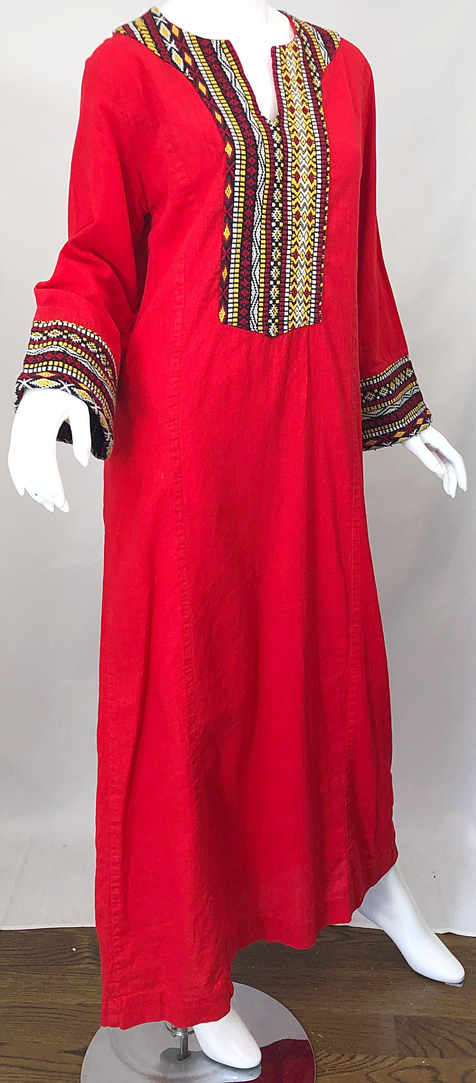 1970s Lipstick Red Embroidered Linen + Cotton Vintage 70s Caftan Maxi Dress For Sale 2