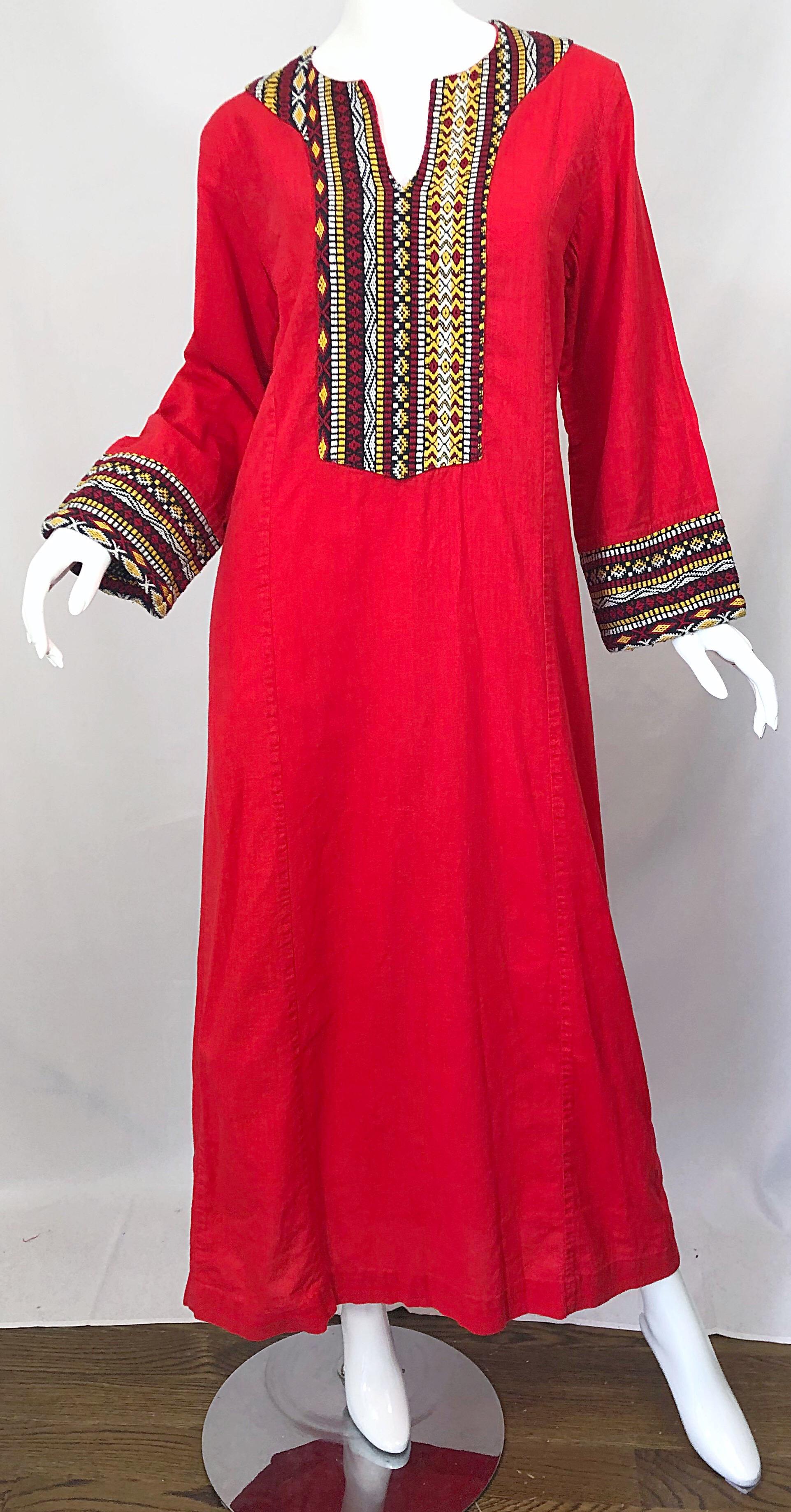 1970s Lipstick Red Embroidered Linen + Cotton Vintage 70s Caftan Maxi Dress For Sale 3
