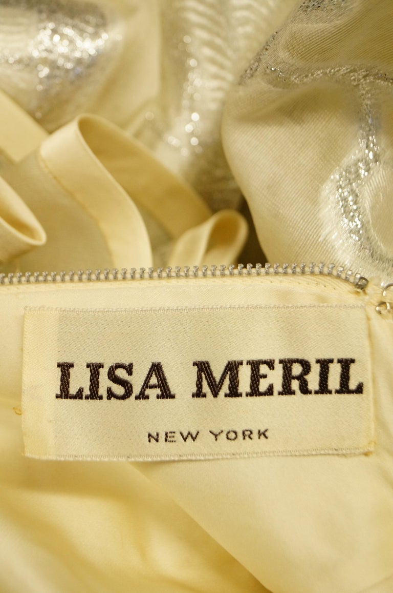 1970s Lisa Meril Cream and Silver Floral Brocade Empire Waist Evening ...