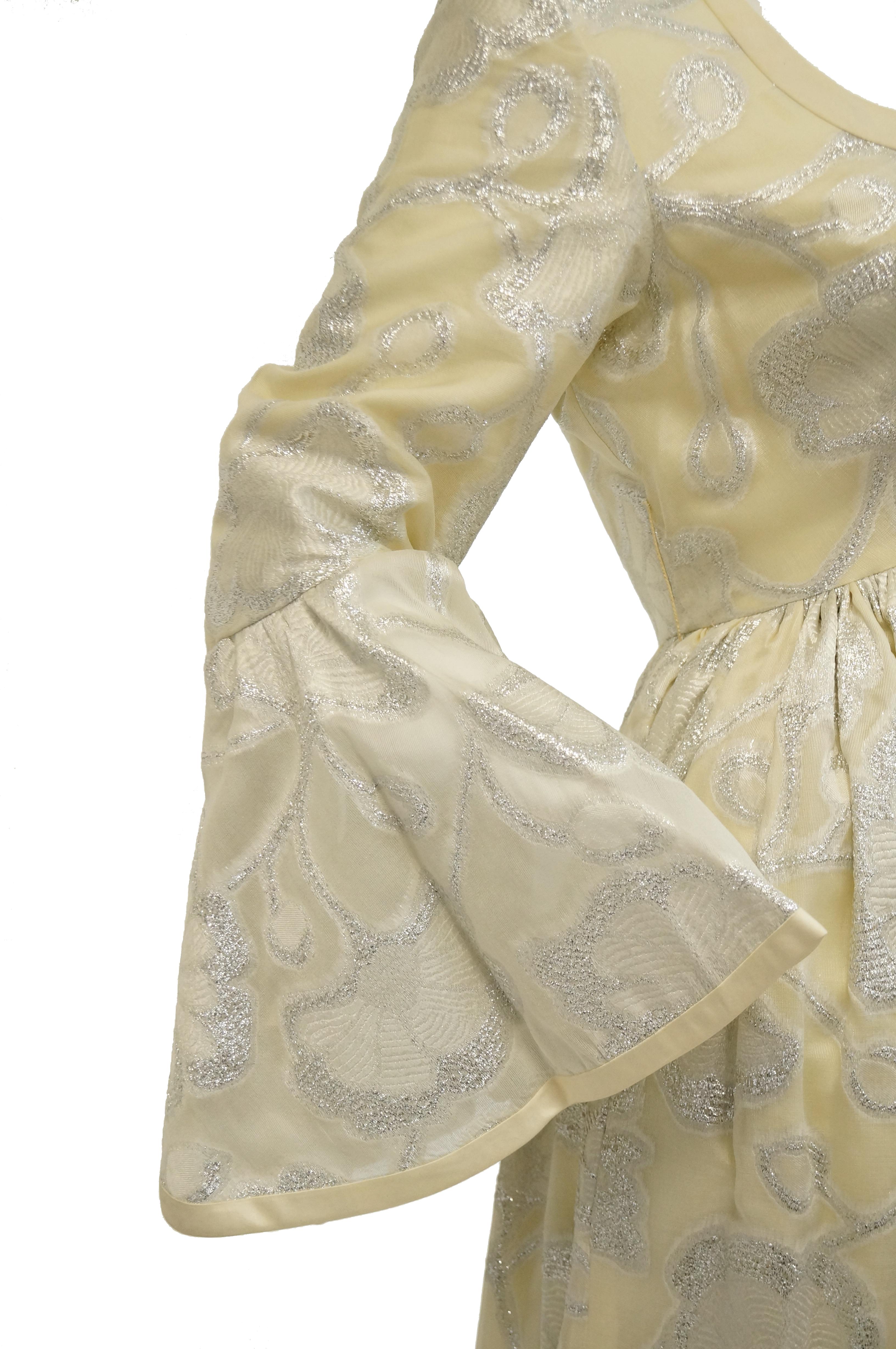 Beige 1970s Lisa Meril Cream and Silver Floral Brocade Empire Waist Evening Dress For Sale