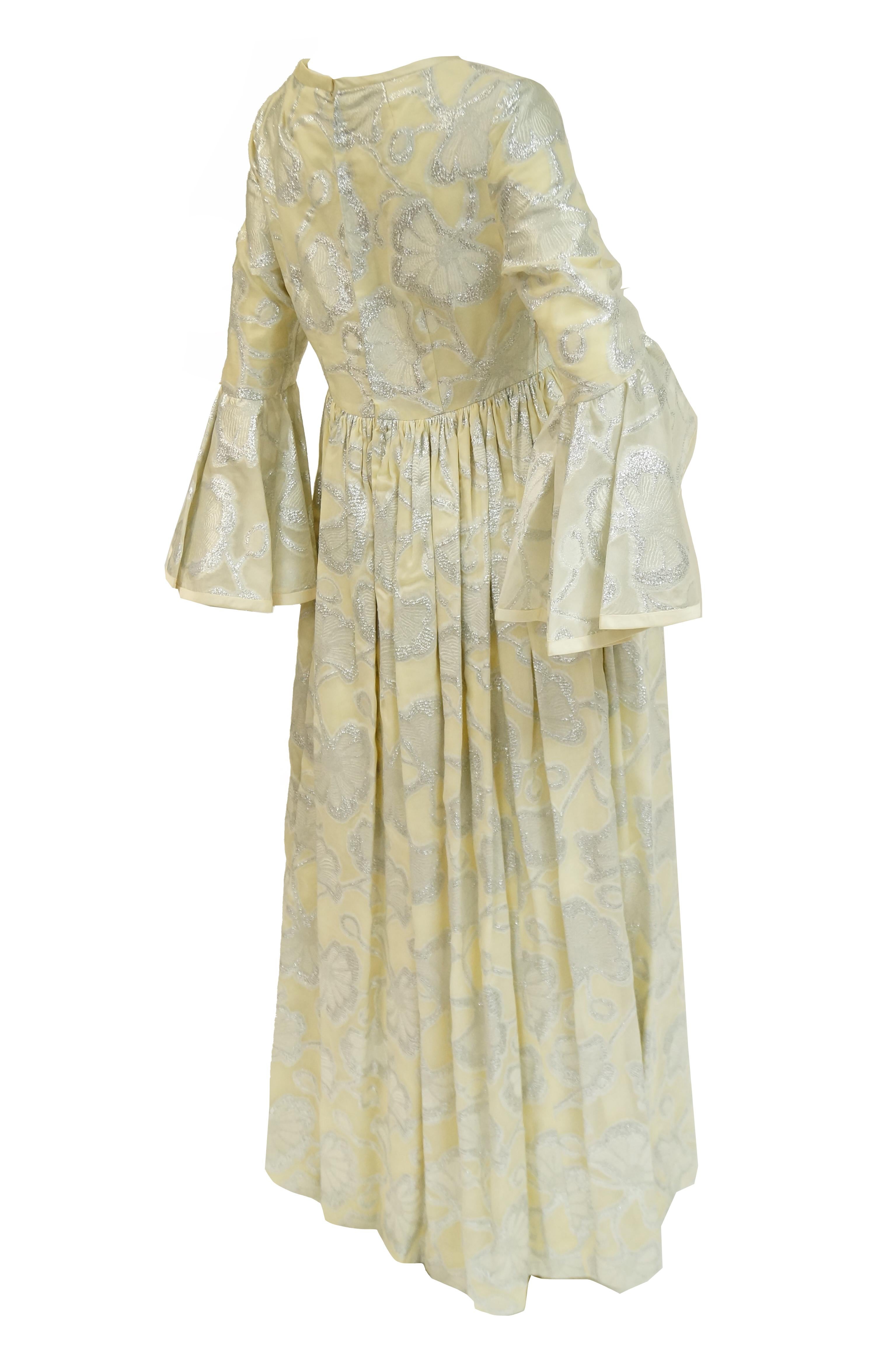 Women's 1970s Lisa Meril Cream and Silver Floral Brocade Empire Waist Evening Dress For Sale