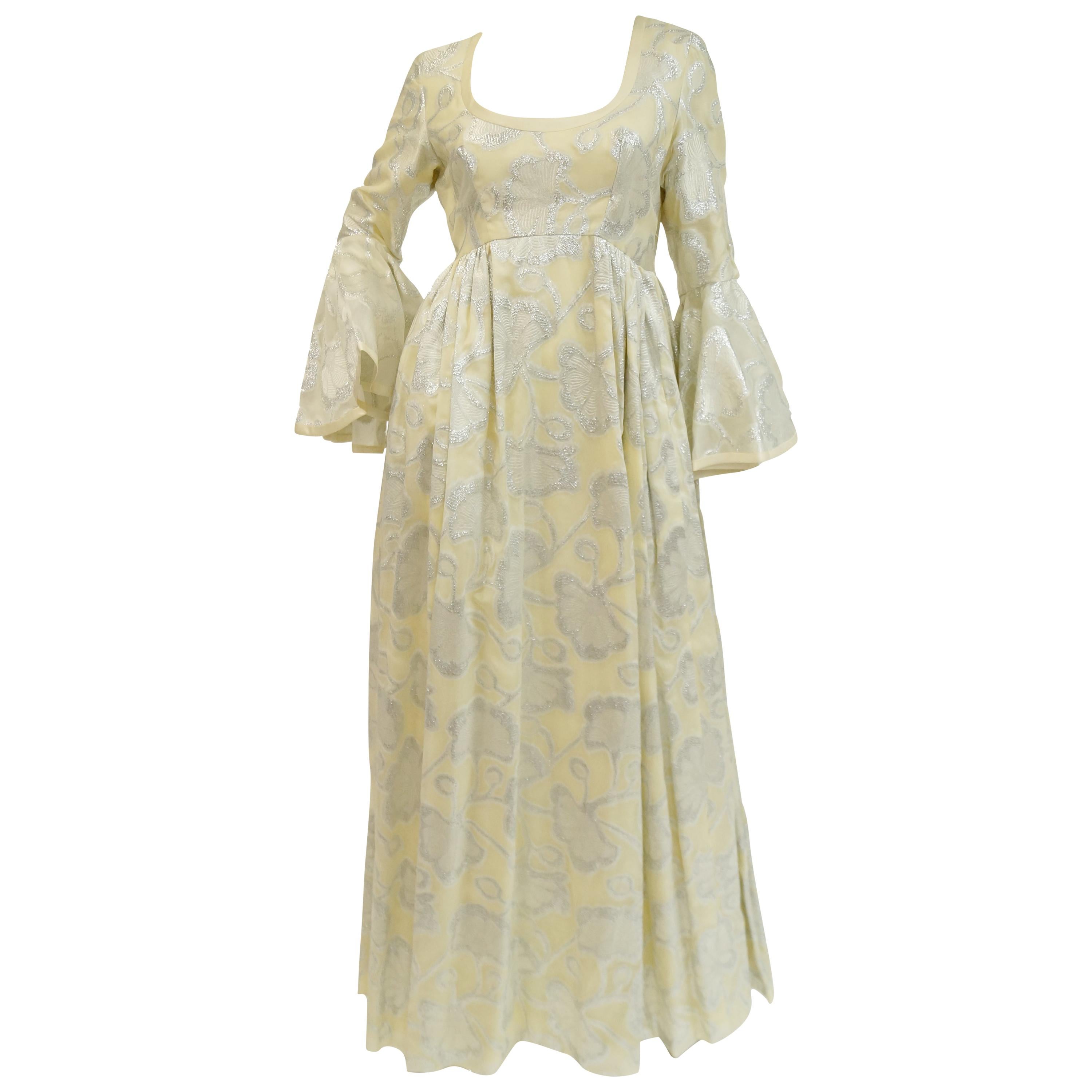 1970s Lisa Meril Cream and Silver Floral Brocade Empire Waist Evening Dress For Sale