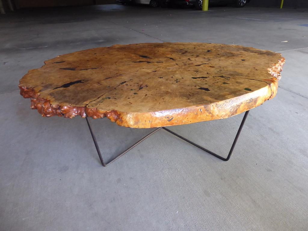 American 1970s Live-Edge Burled Maple Wood Coffee Table with Metal Legs