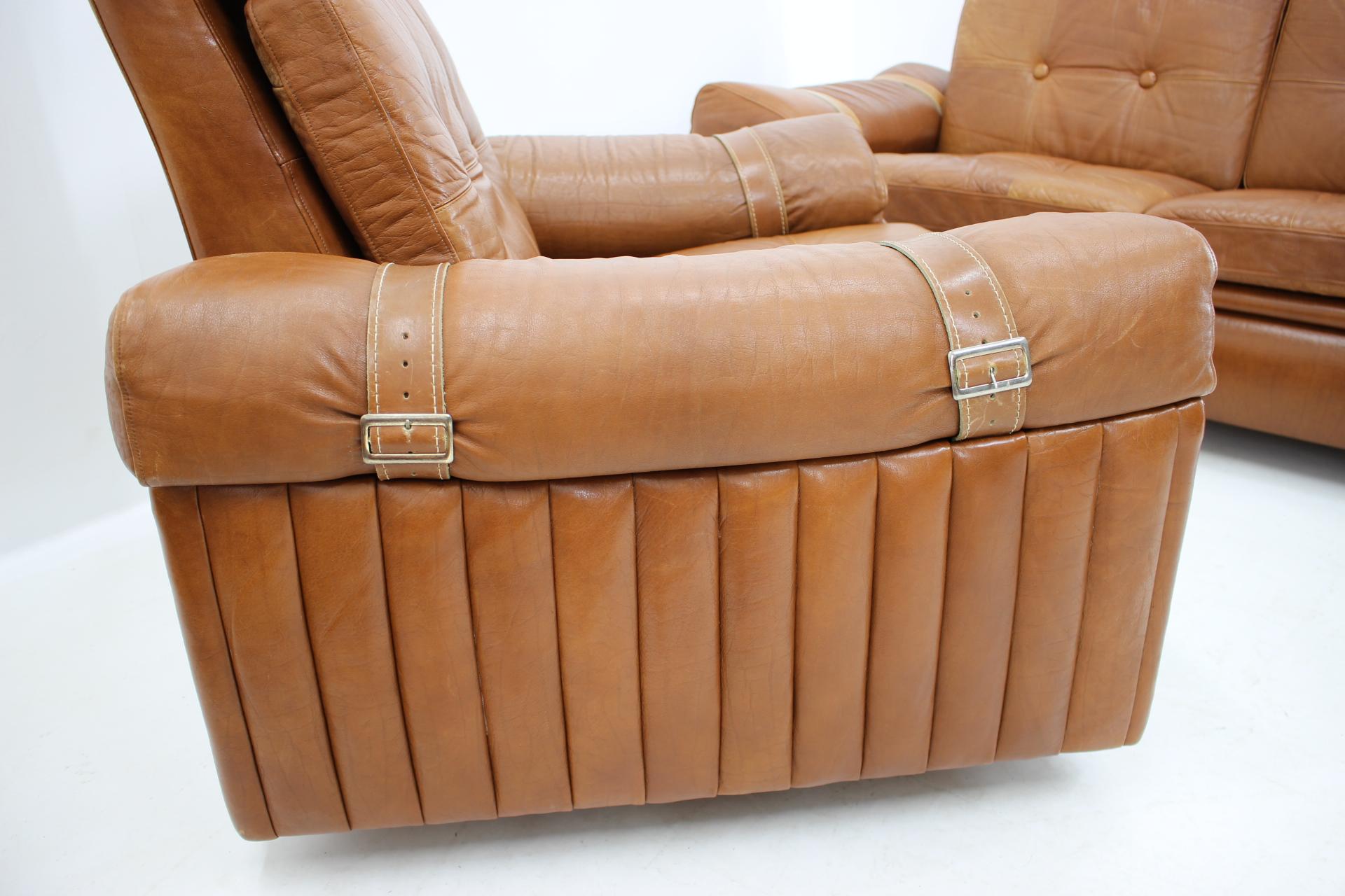Mid-Century Modern 1970s Living Room Set in Cognac Leather
