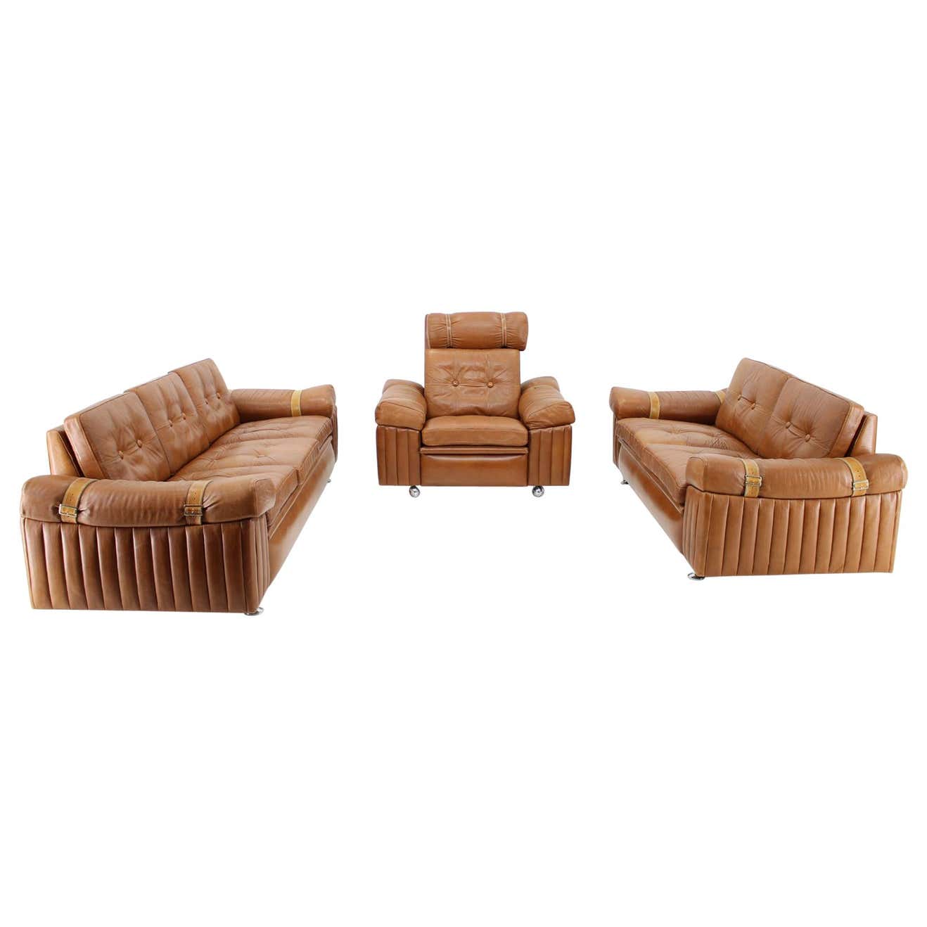 1970s Living Room Set in Cognac Leather For Sale at 1stDibs