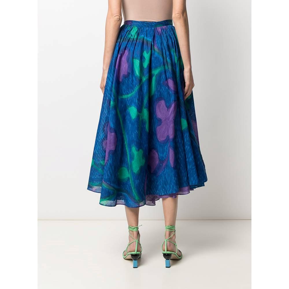 Women's 1970s Livio De Simone Blue Cotton Skirt With Abstract Print