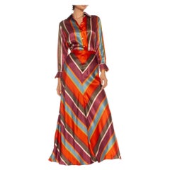 Vintage 1970S Liz Claiborne Orange Purple & Green Silk Striped Blouse Skirt Ensemble