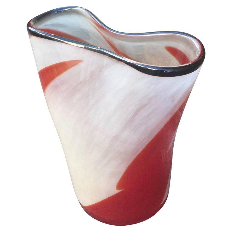 Late 20th Century Red And White Mid-Century Modern 1970's Lollipop Murano Art Glass Vase