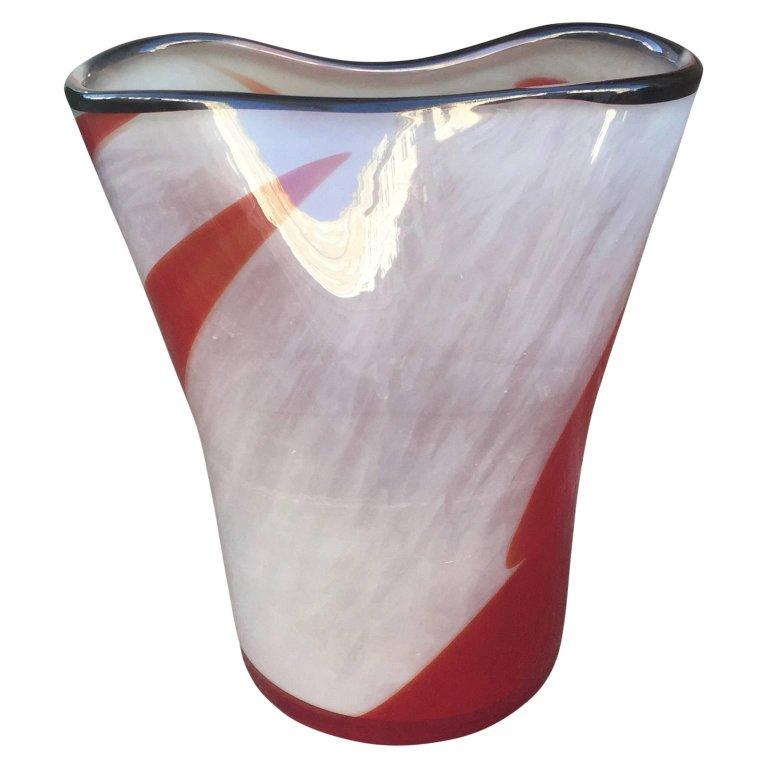 Red And White Mid-Century Modern 1970's Lollipop Murano Art Glass Vase 1