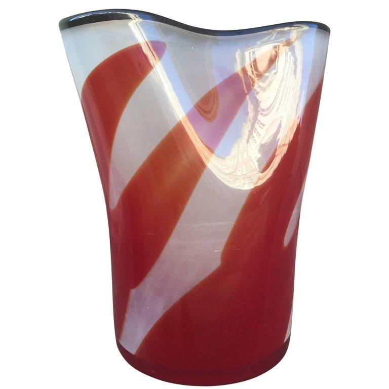 Red And White Mid-Century Modern 1970's Lollipop Murano Art Glass Vase