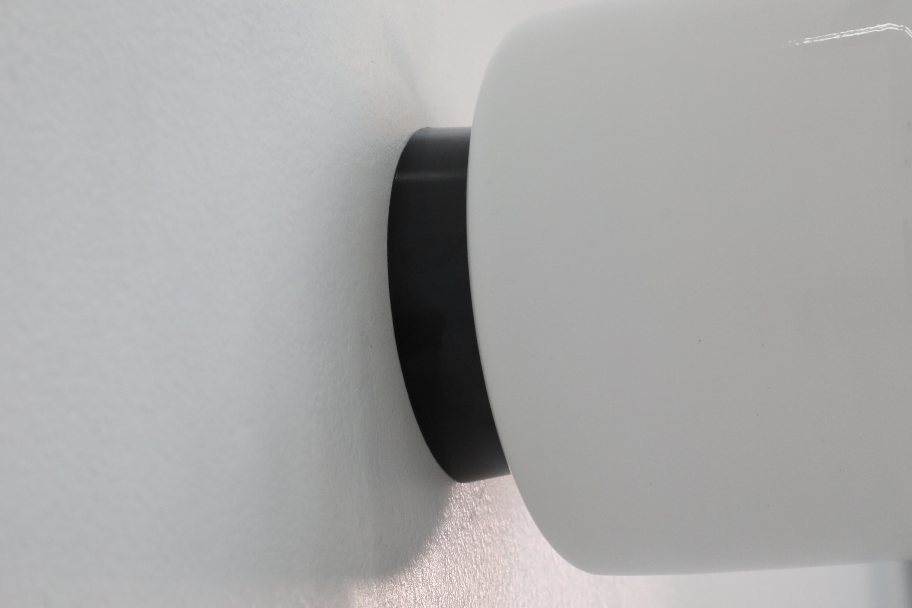1970's LOM Style Rounded Pillbox Wall Sconce with Large Milk Glass Shade For Sale 4