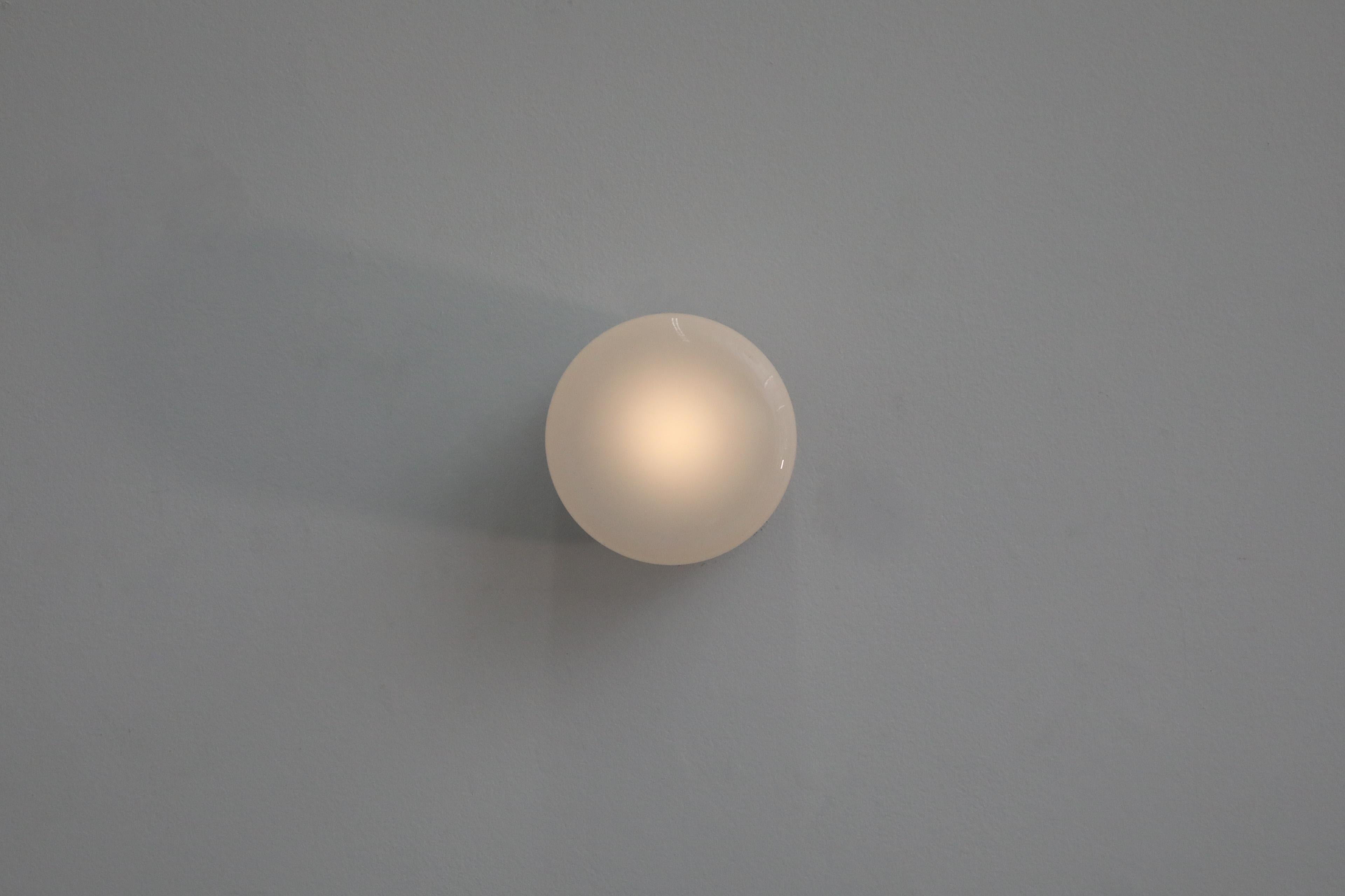Mid-Century Modern 1970's LOM Style Rounded Pillbox Wall Sconce with Large Milk Glass Shade For Sale