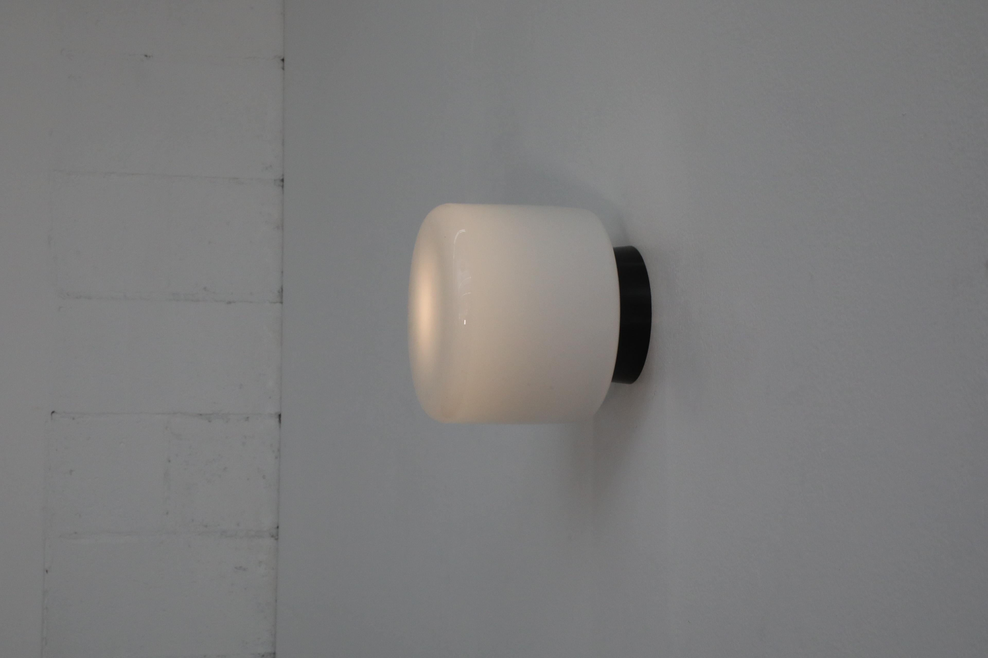Italian 1970's LOM Style Rounded Pillbox Wall Sconce with Large Milk Glass Shade For Sale