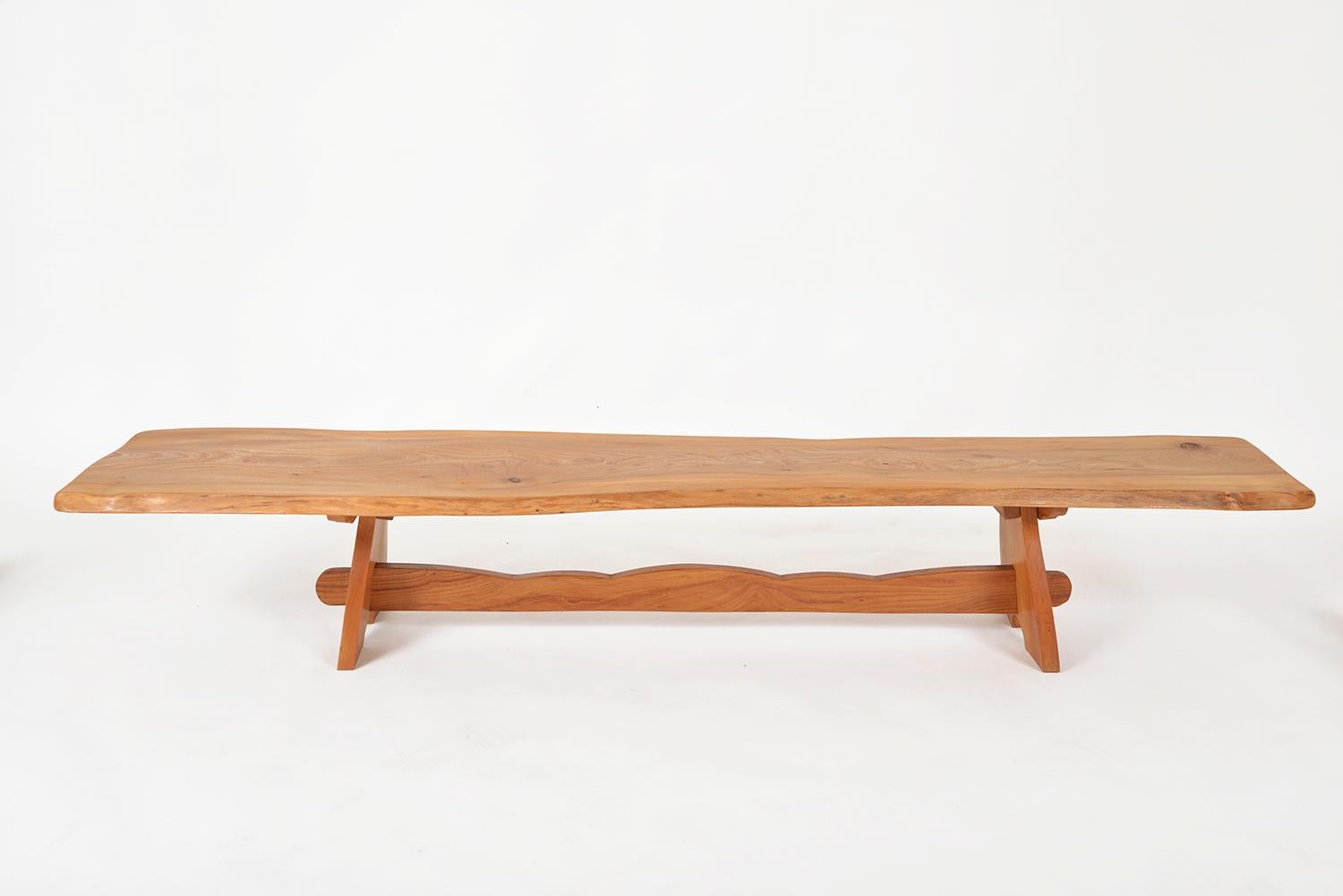 British 1970s Long and Low Plank Table Solid Elm Waney Edge Hall Bench Coffee Table