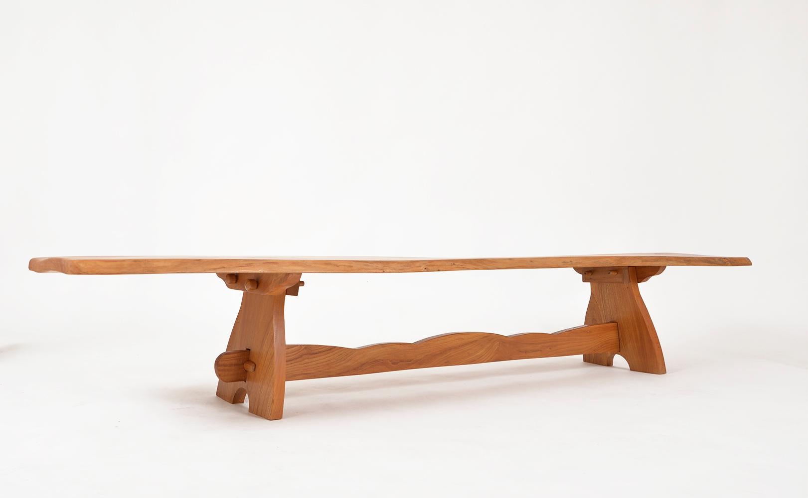 Hand-Carved 1970s Long and Low Plank Table Solid Elm Waney Edge Hall Bench Coffee Table