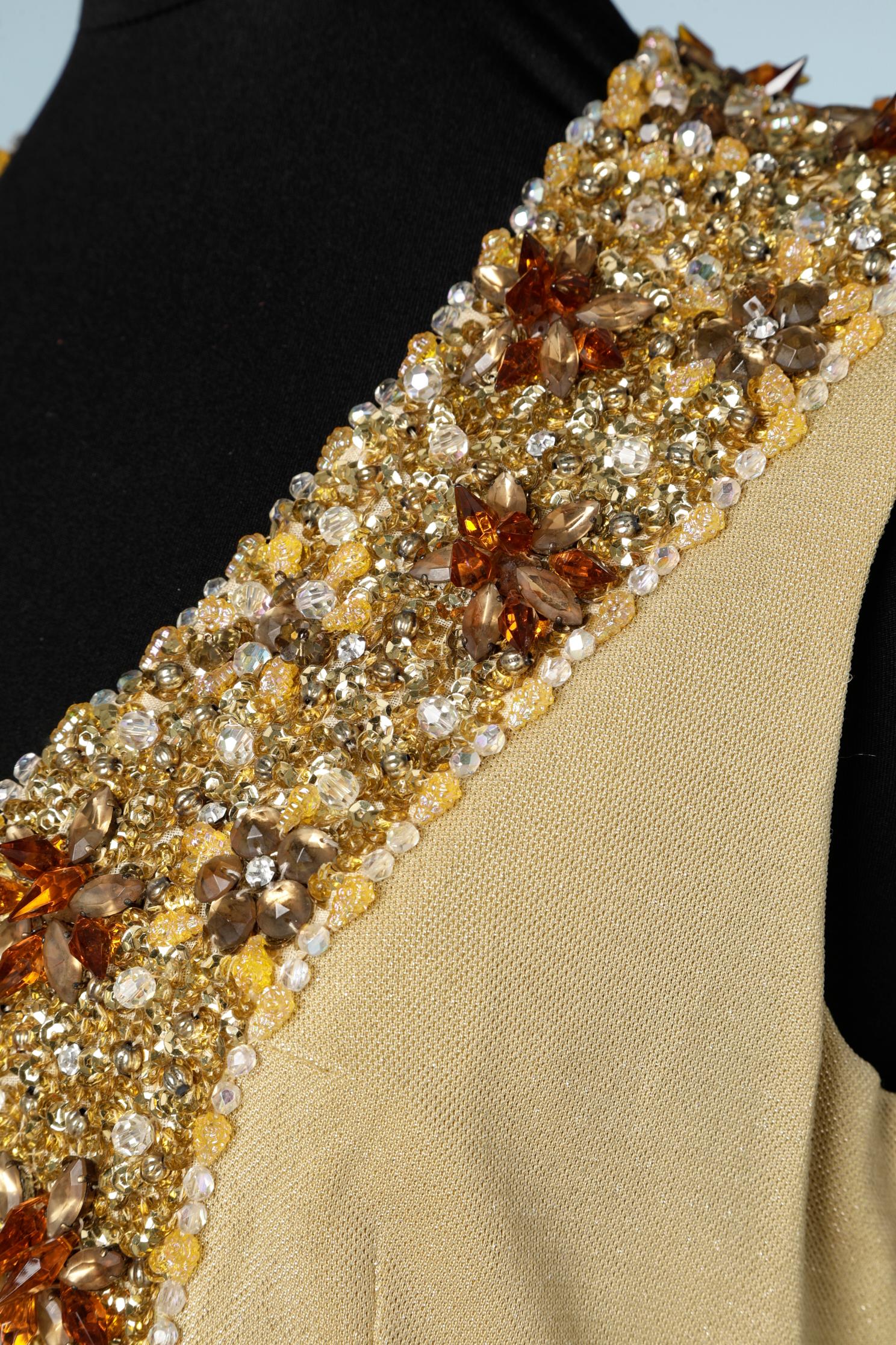 1970's long gold jersey lurex dress with beaded neckline  In Excellent Condition In Saint-Ouen-Sur-Seine, FR