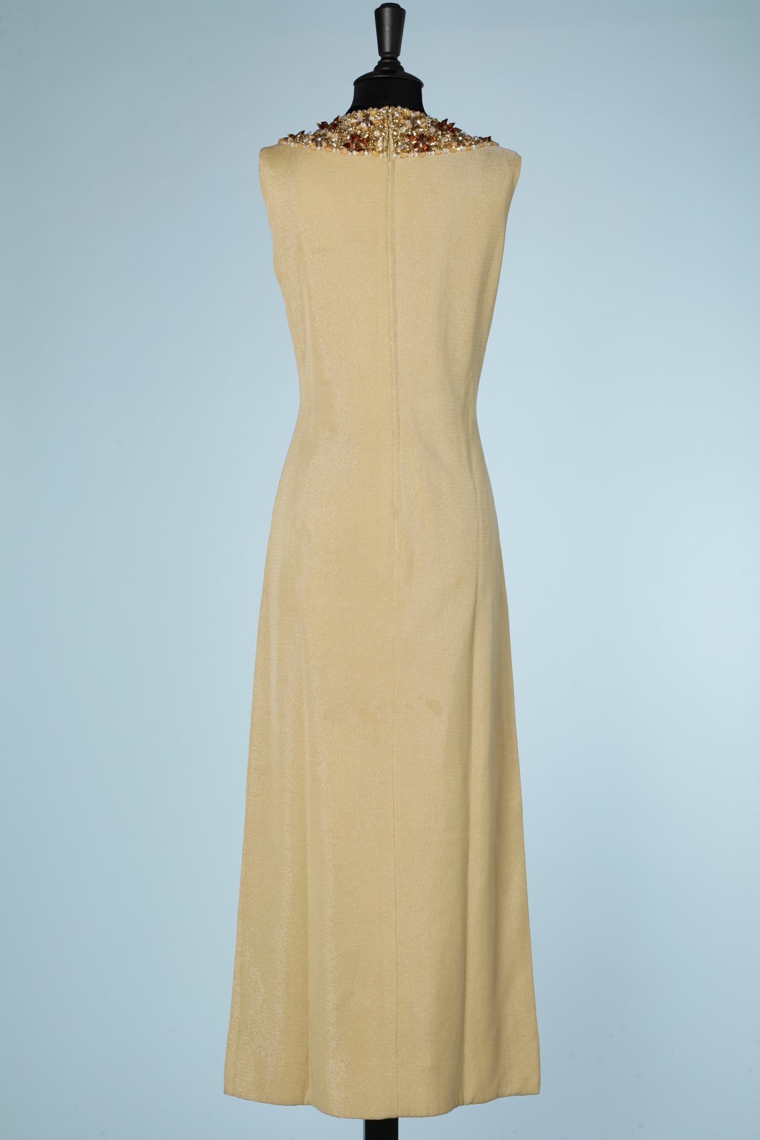 1970's long gold jersey lurex dress with beaded neckline  1