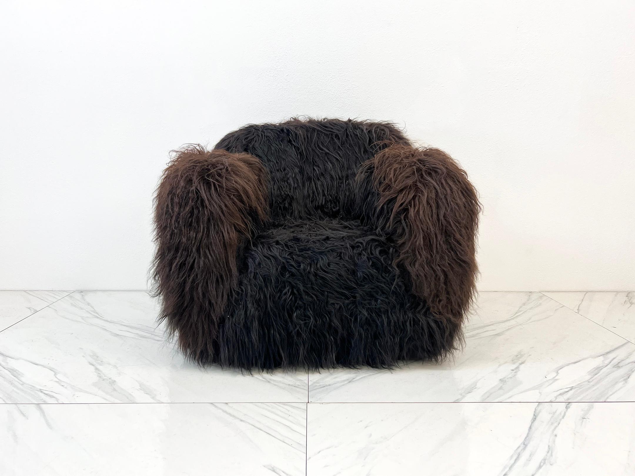 Mid-Century Modern 1970's Long Haired Black Icelandic Sheepskin Scandinavian Lounge Chair