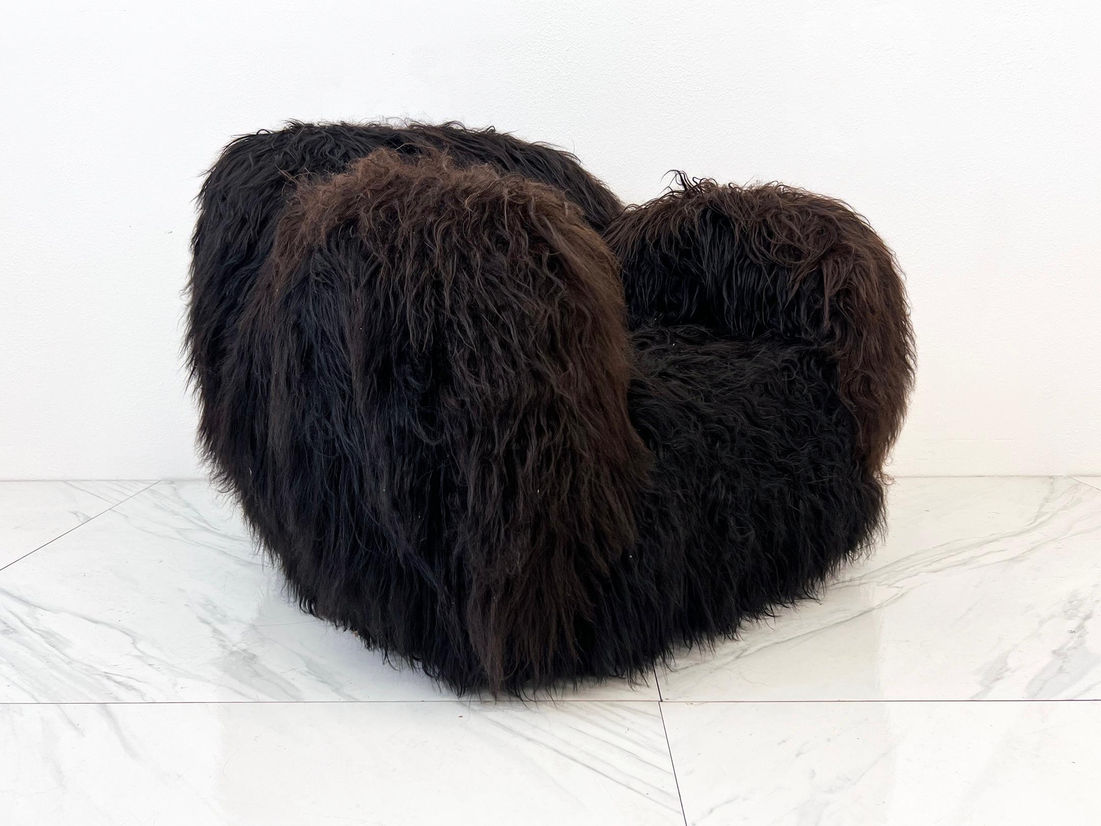 Danish 1970's Long Haired Black Icelandic Sheepskin Scandinavian Lounge Chair