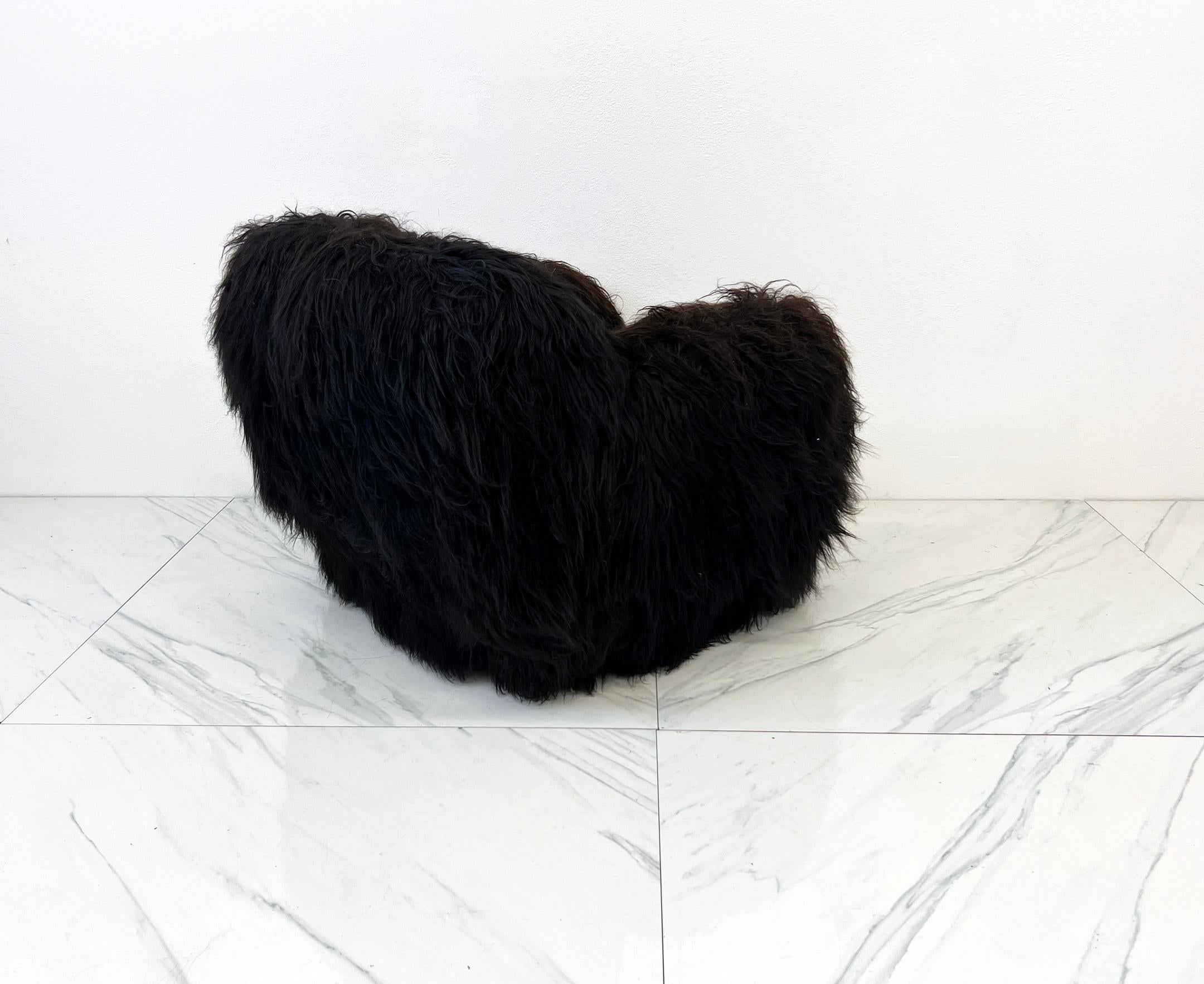 1970's Long Haired Black Icelandic Sheepskin Scandinavian Lounge Chair In Good Condition In Culver City, CA